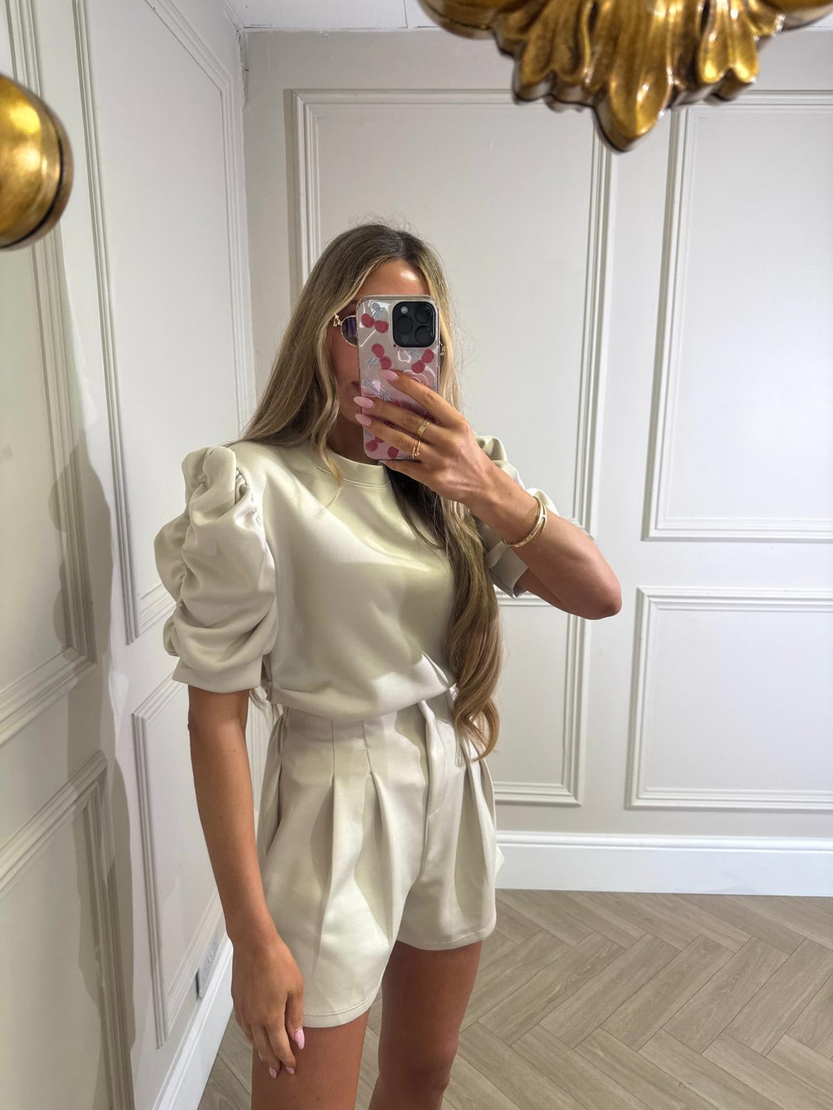 Ruched arm short set - beige