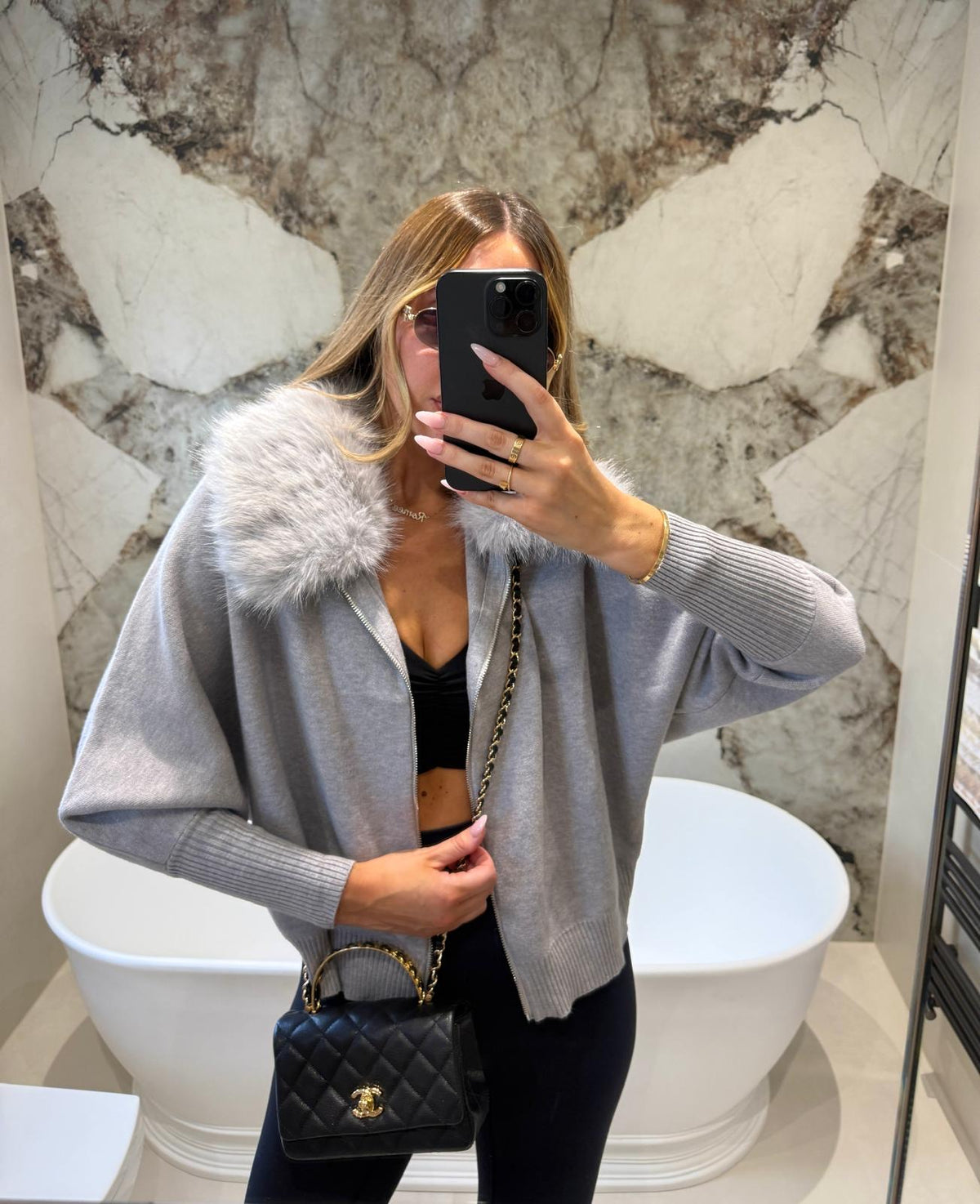 Collar fur cardigan - grey