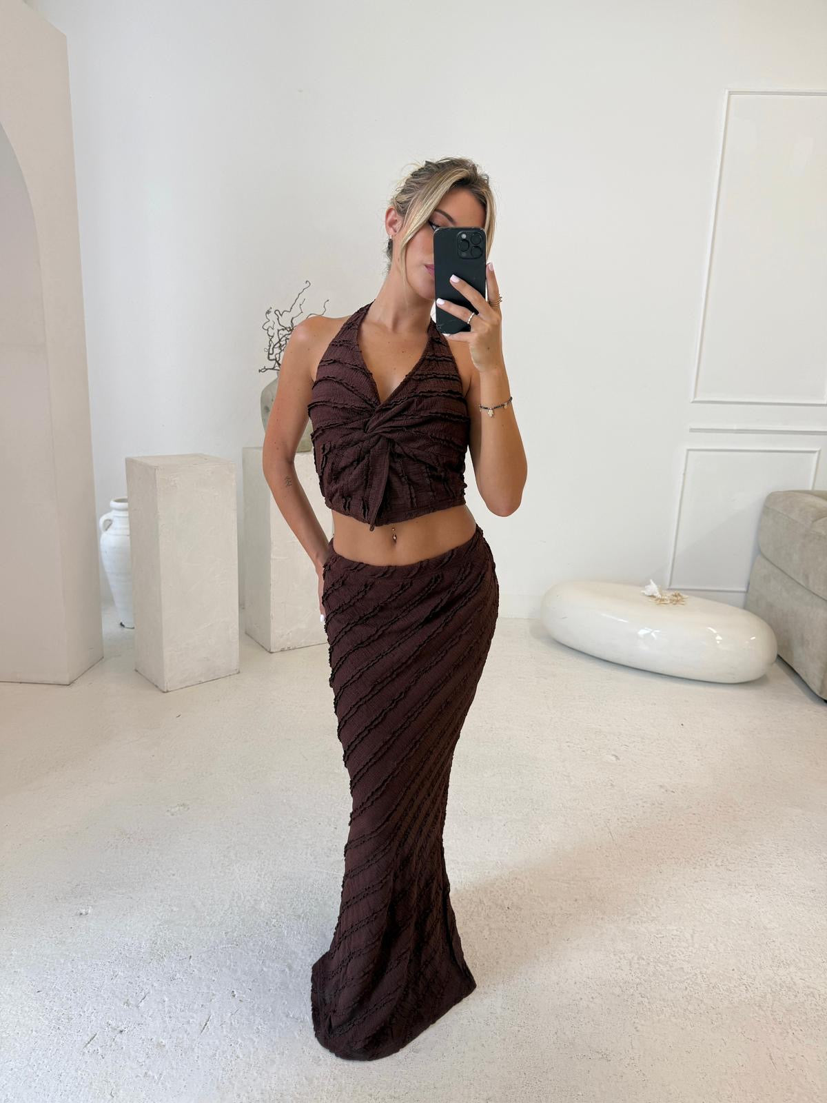Halterneck crinkle skirt co-ord - brown
