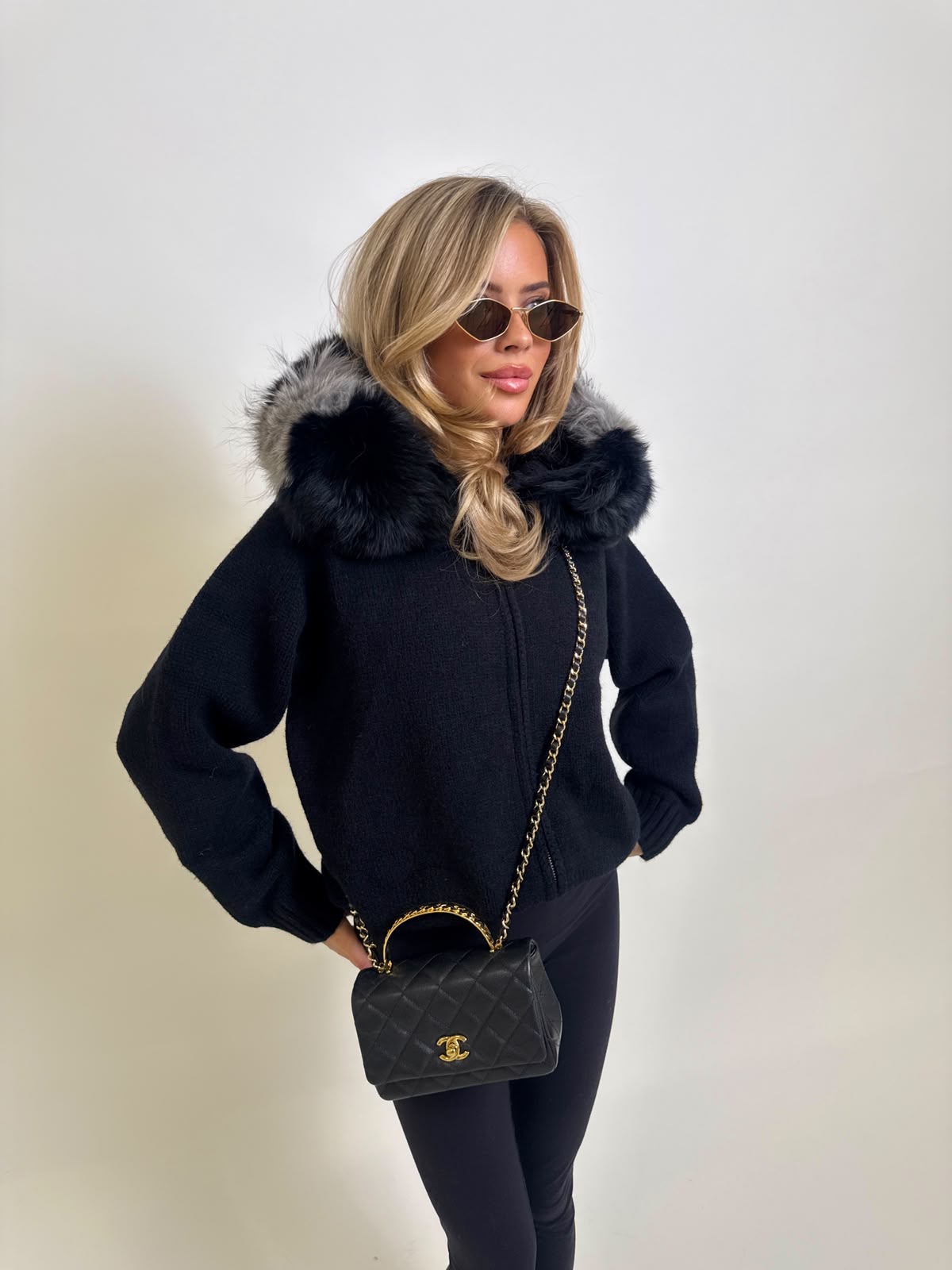 Luxury Fur Cardigan Jacket - black with grey fur