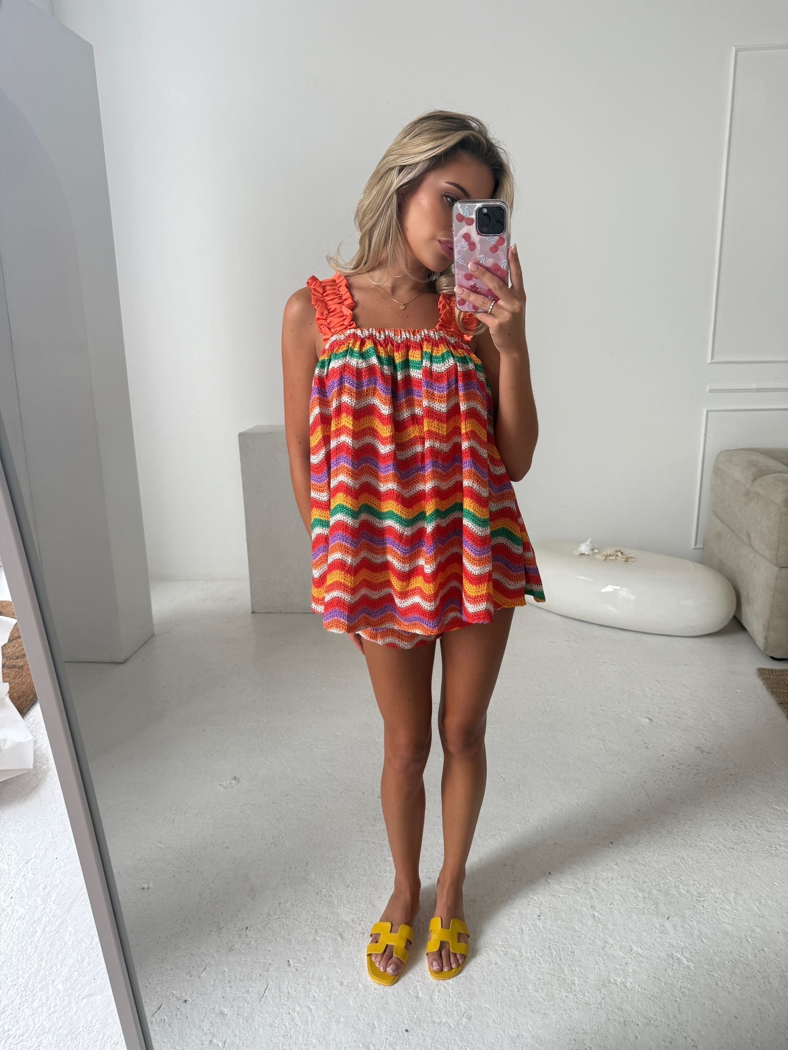 Ruffle arm zig print short set - orange