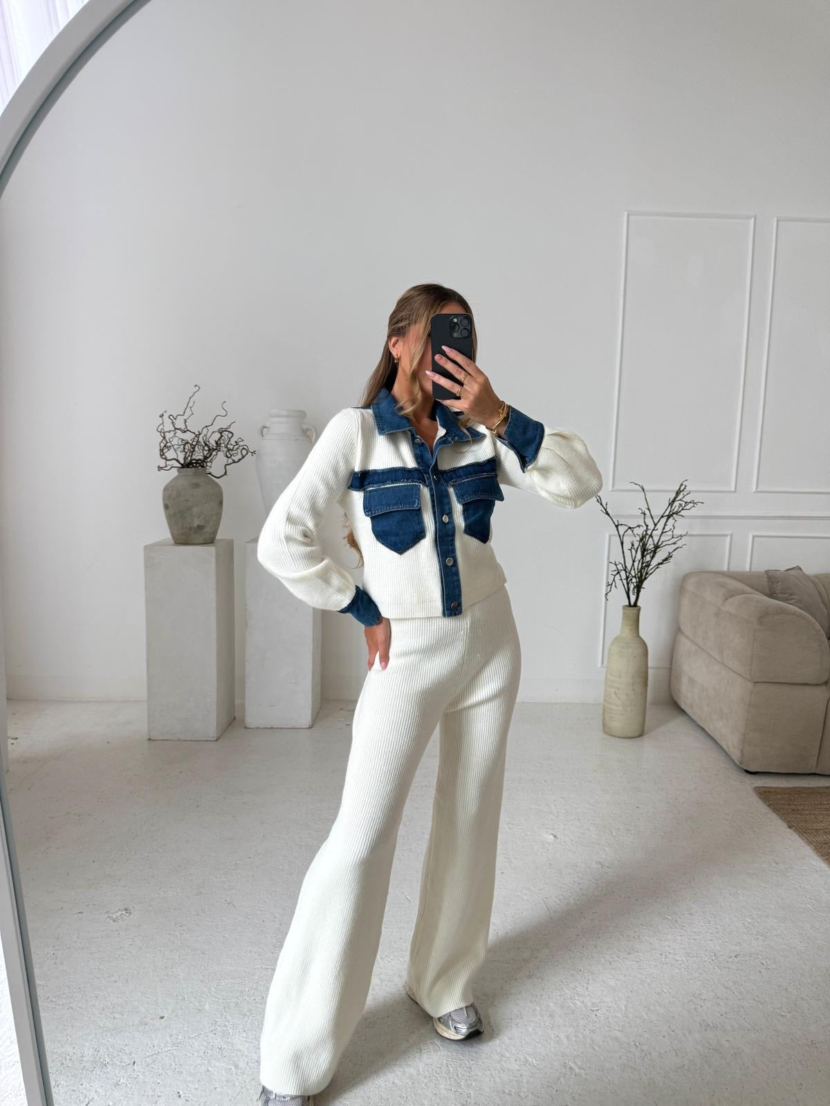Collar Knit Denim Lounge Set - Cream