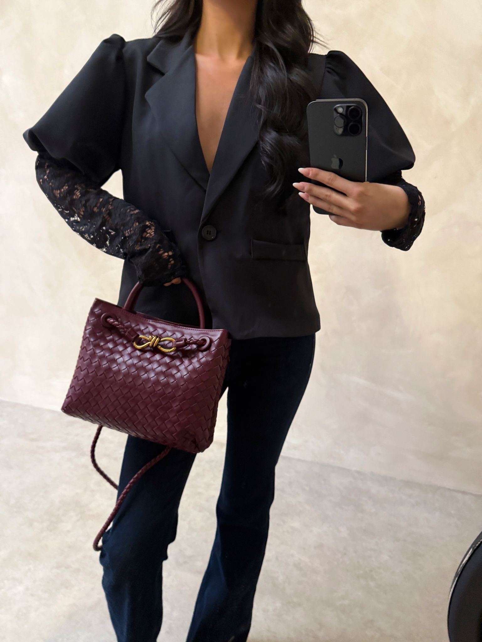 Woven handle Bag - Burgundy