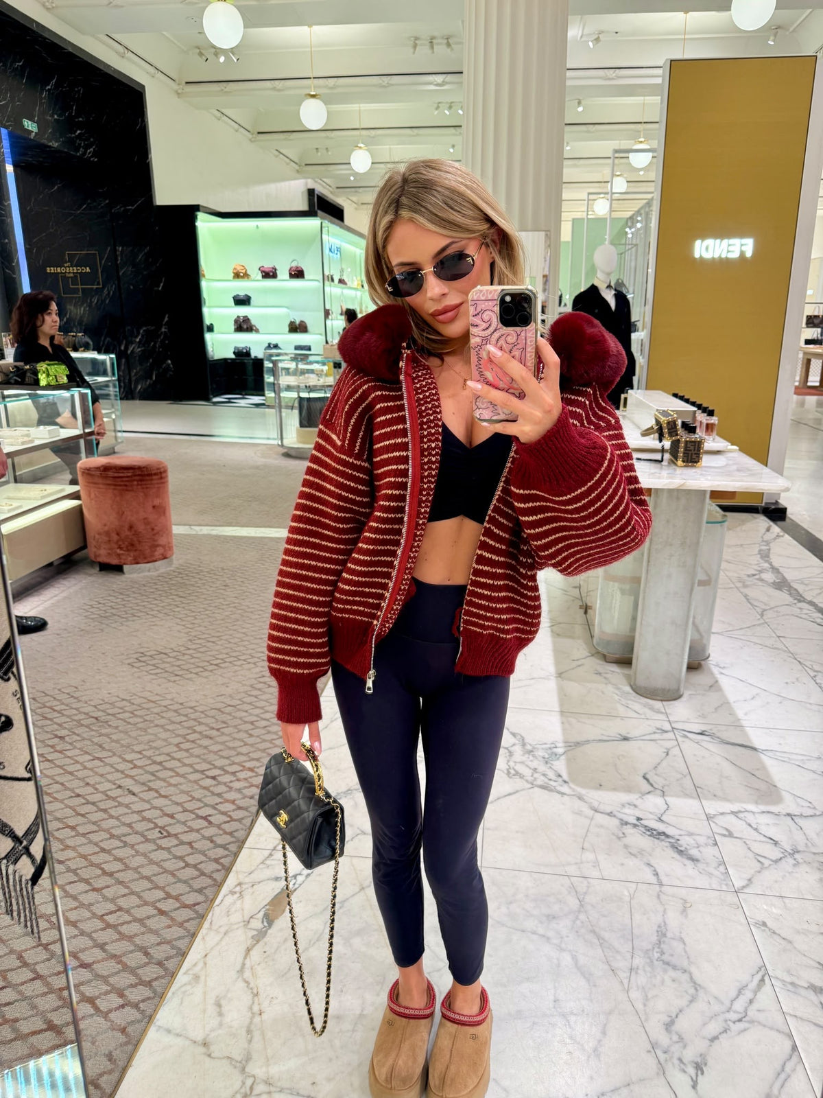 Stripe faux fur cardigan - red