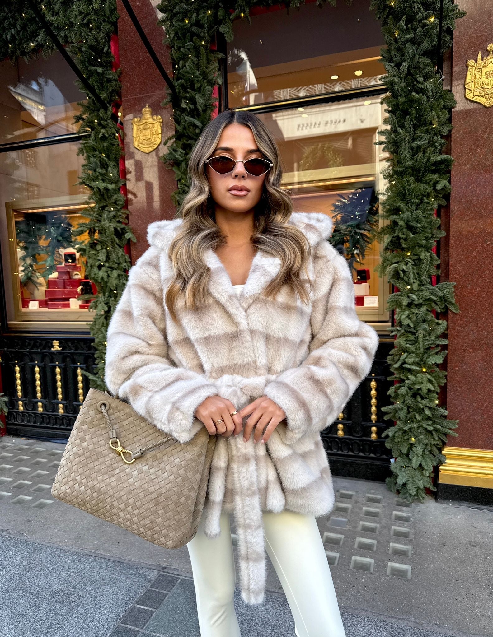 Sienna hood belt Faux Fur Coat - cream