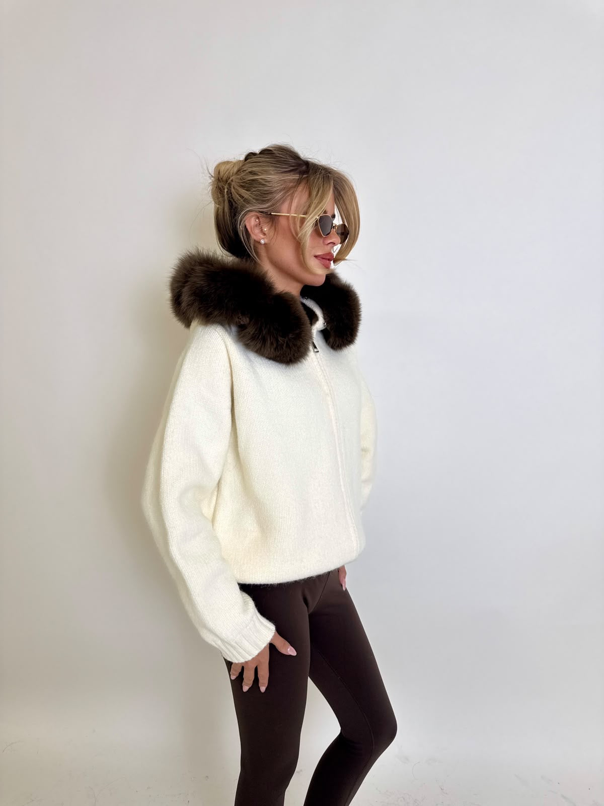 Luxury Fur Cardigan Jacket - cream with brown fur PRE ORDER