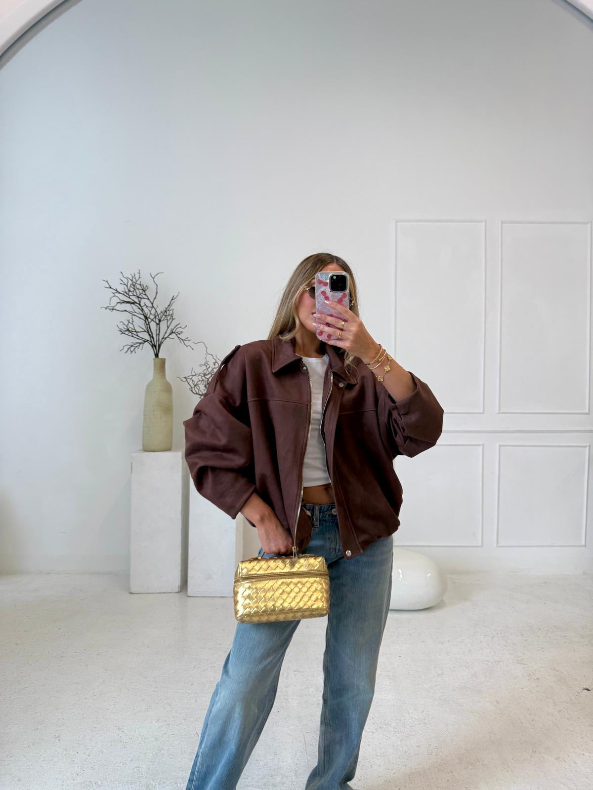Suede zip jacket - brown