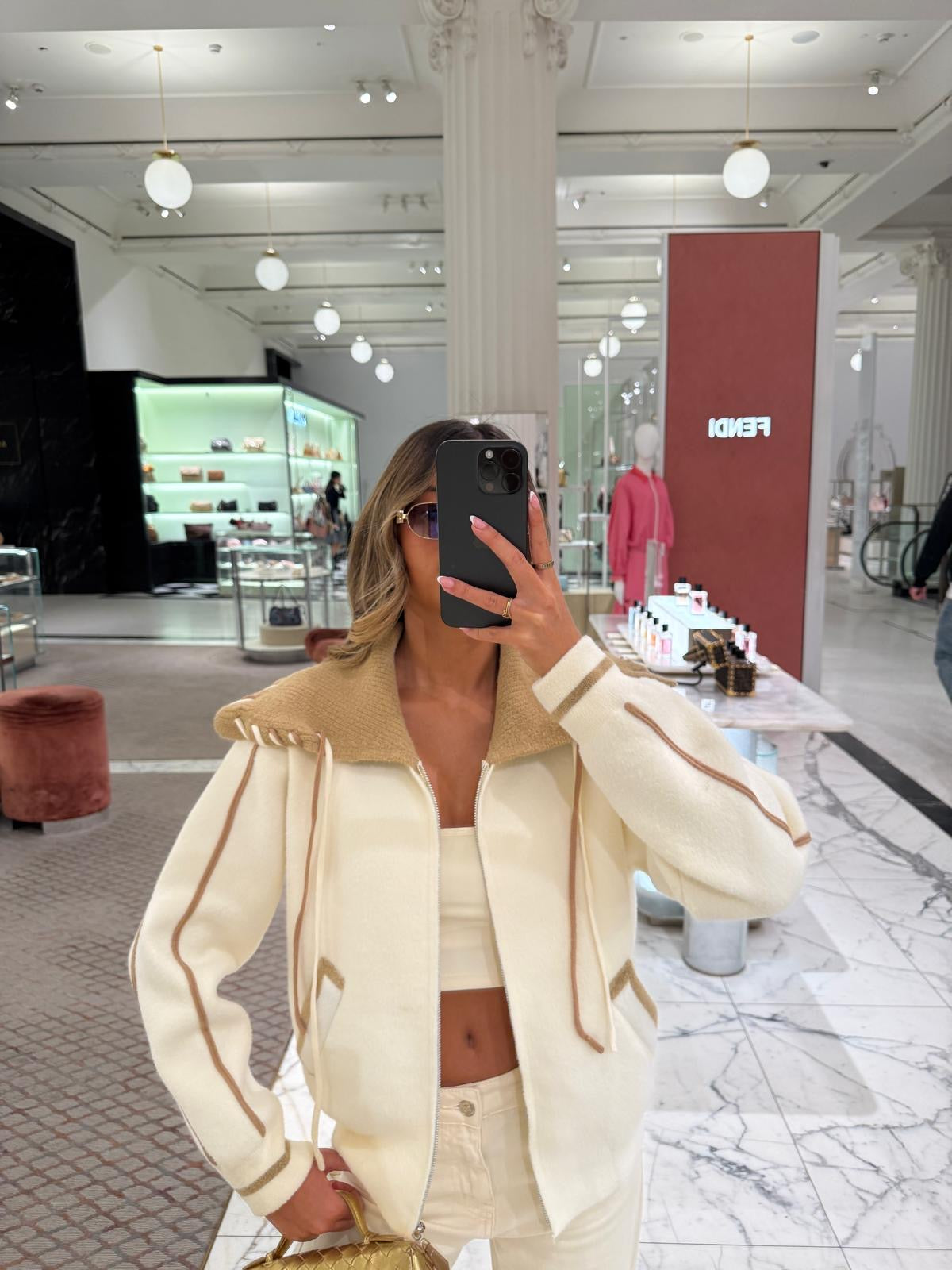 Knit hood jacket with beige