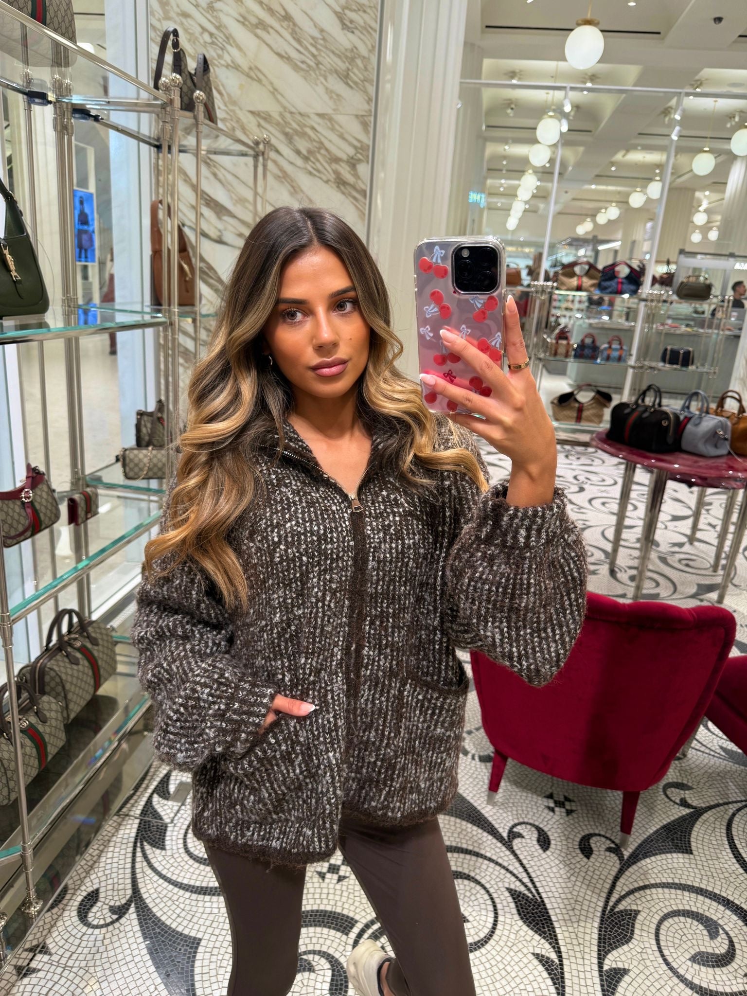 Chunky knit zip cardigan - brown