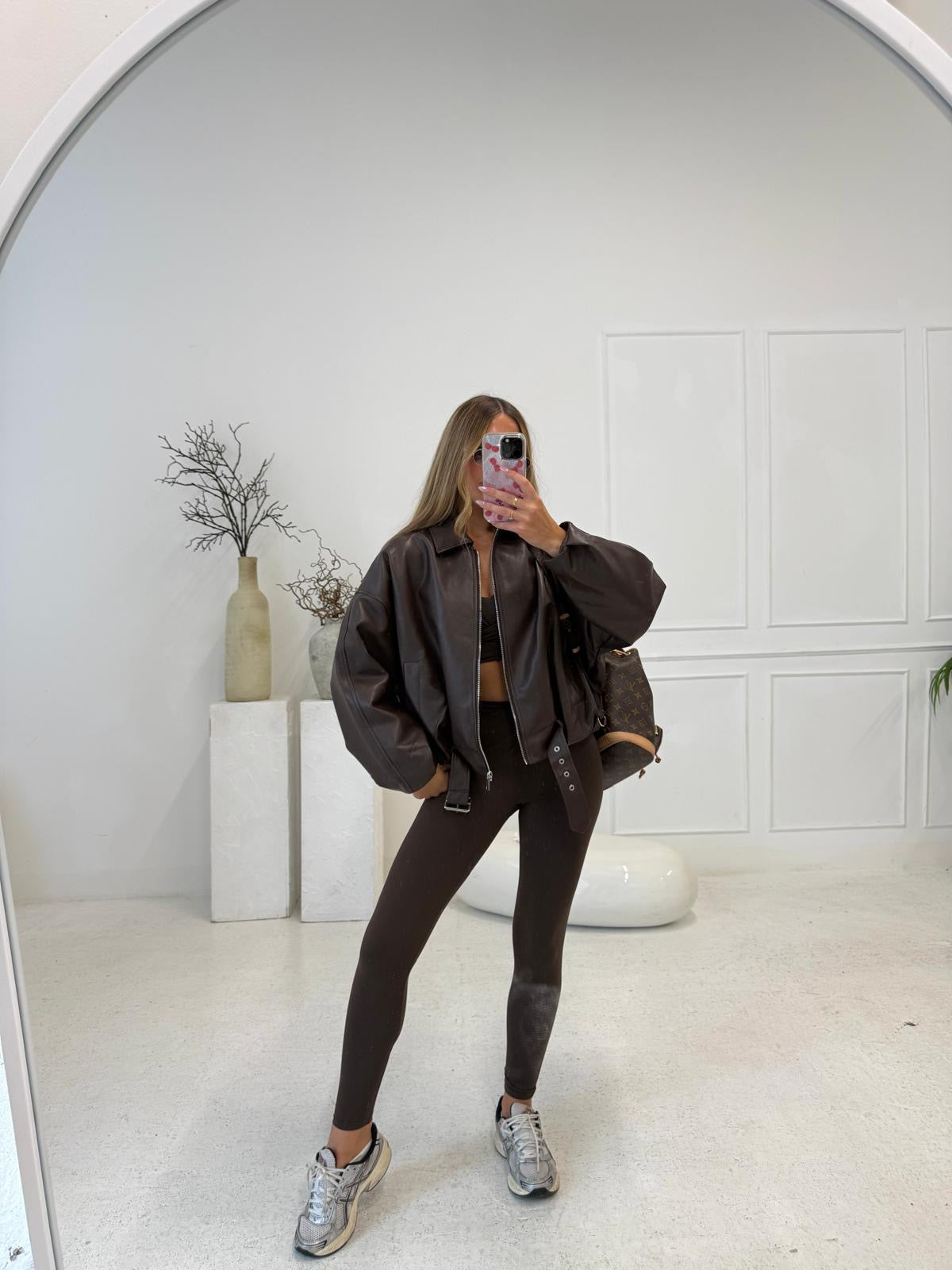 Faux leather belt jacket - chocolate