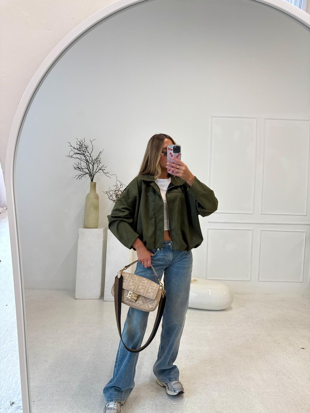 Suede zip jacket - khaki
