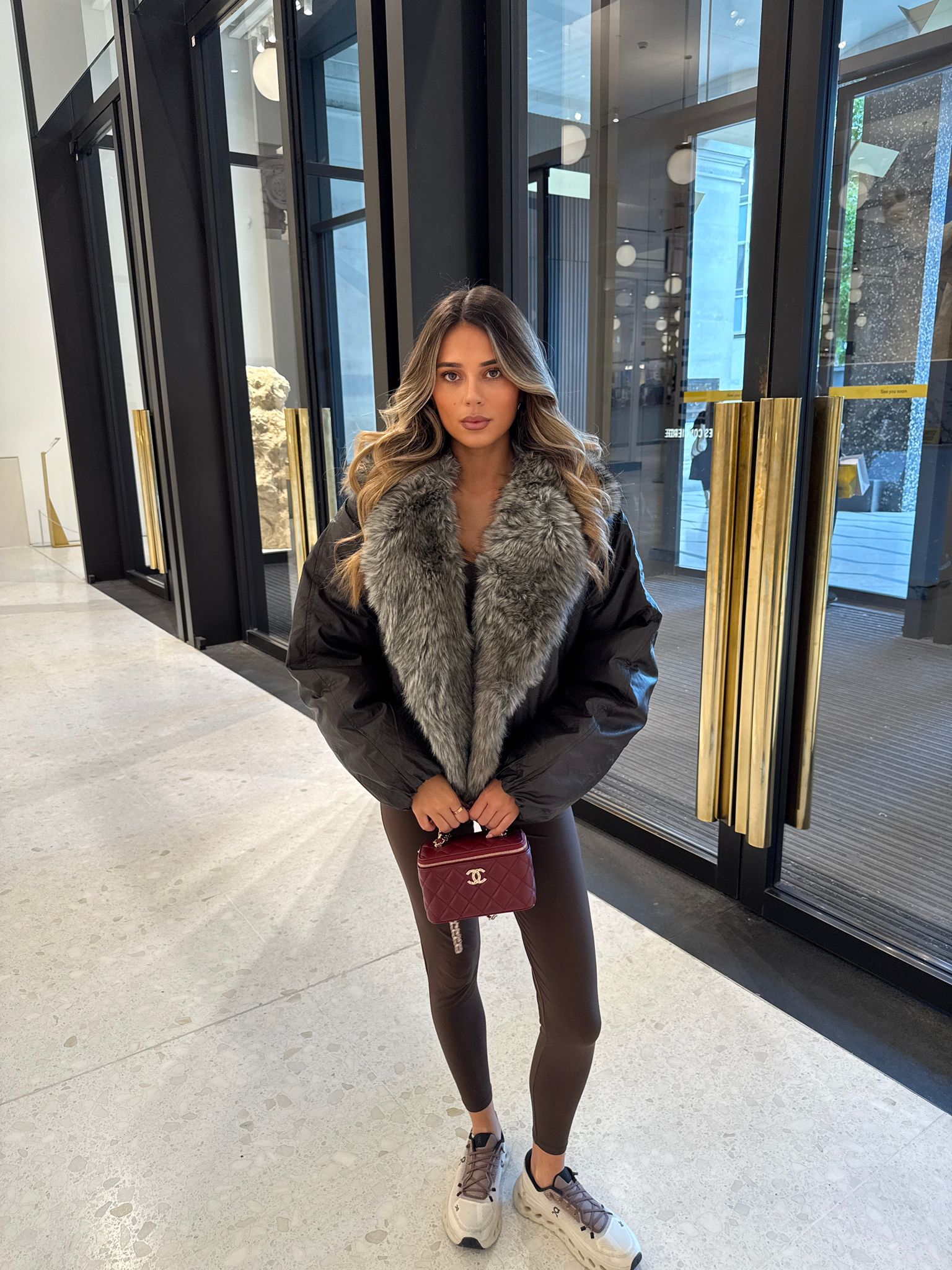 Faux fur leather coat - brown