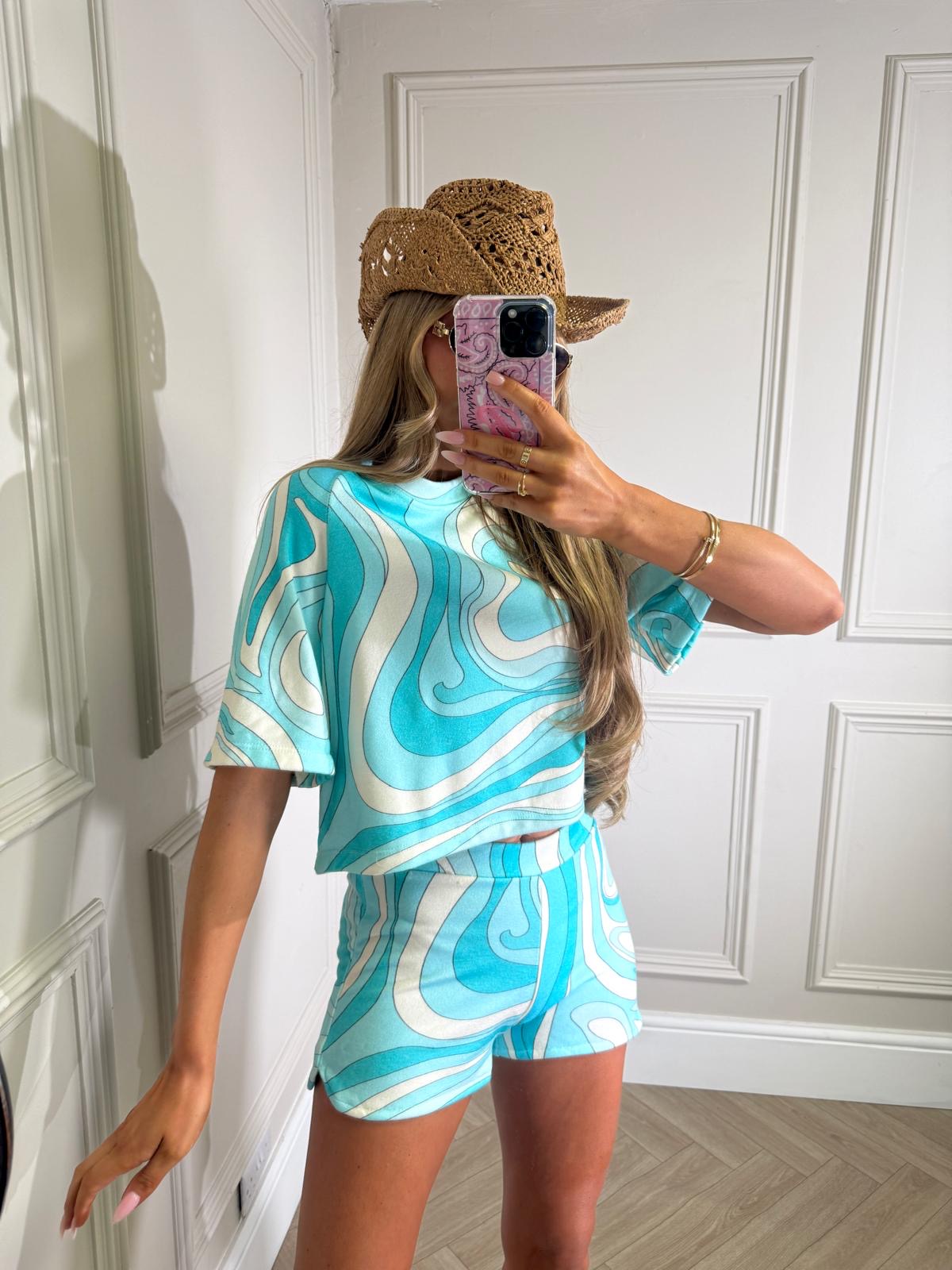 Towelling pattern short set - blue