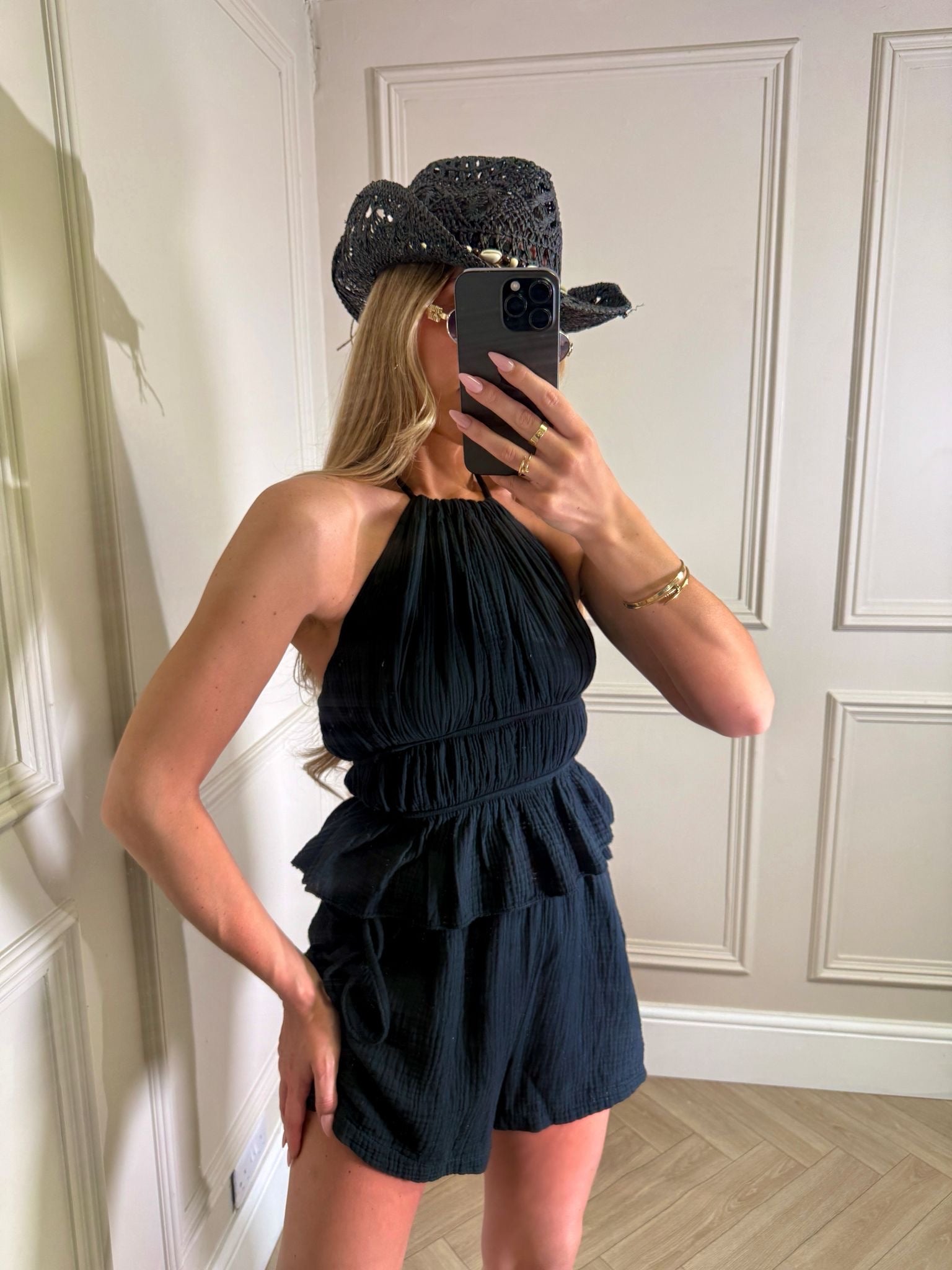 Strap Cheesecloth short set - black