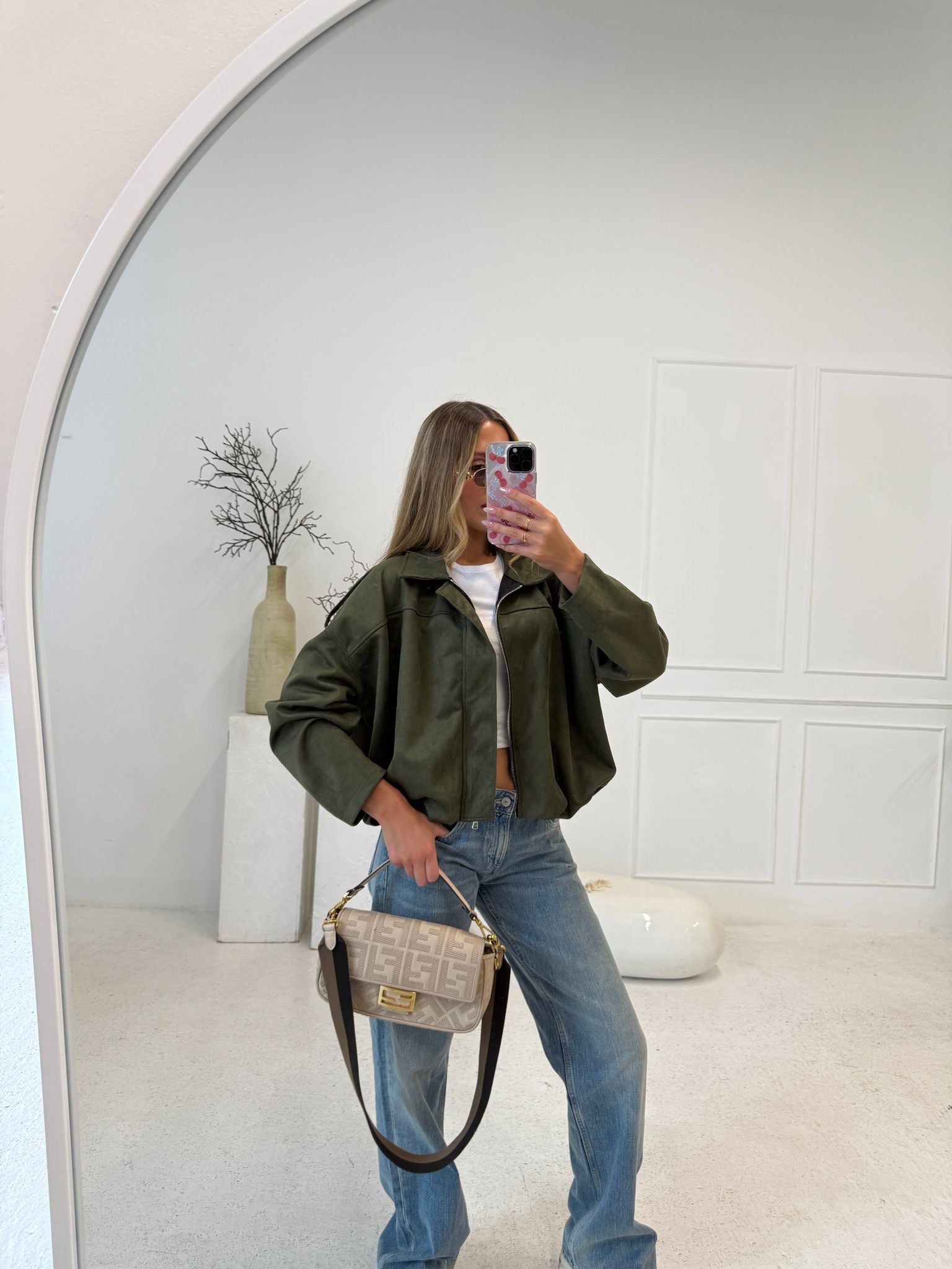 Suede zip jacket - khaki