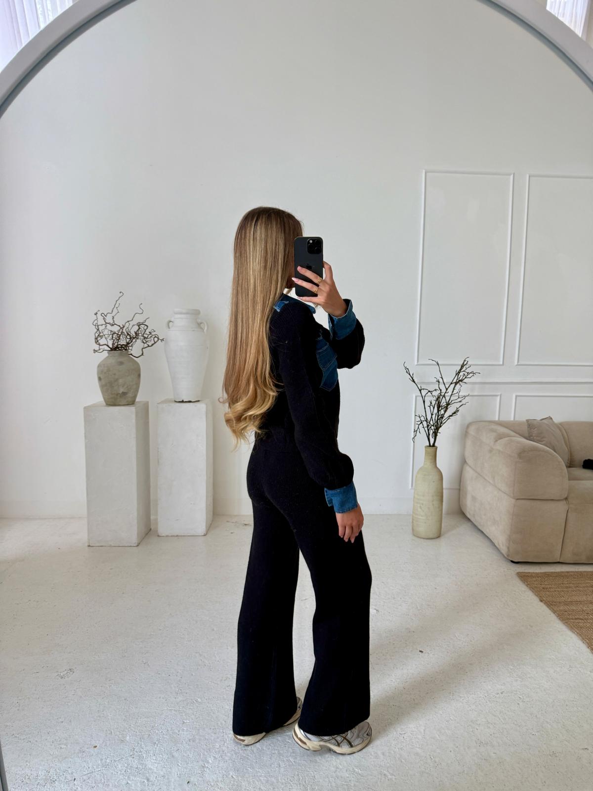 Collar Knit Denim Lounge Set - Black