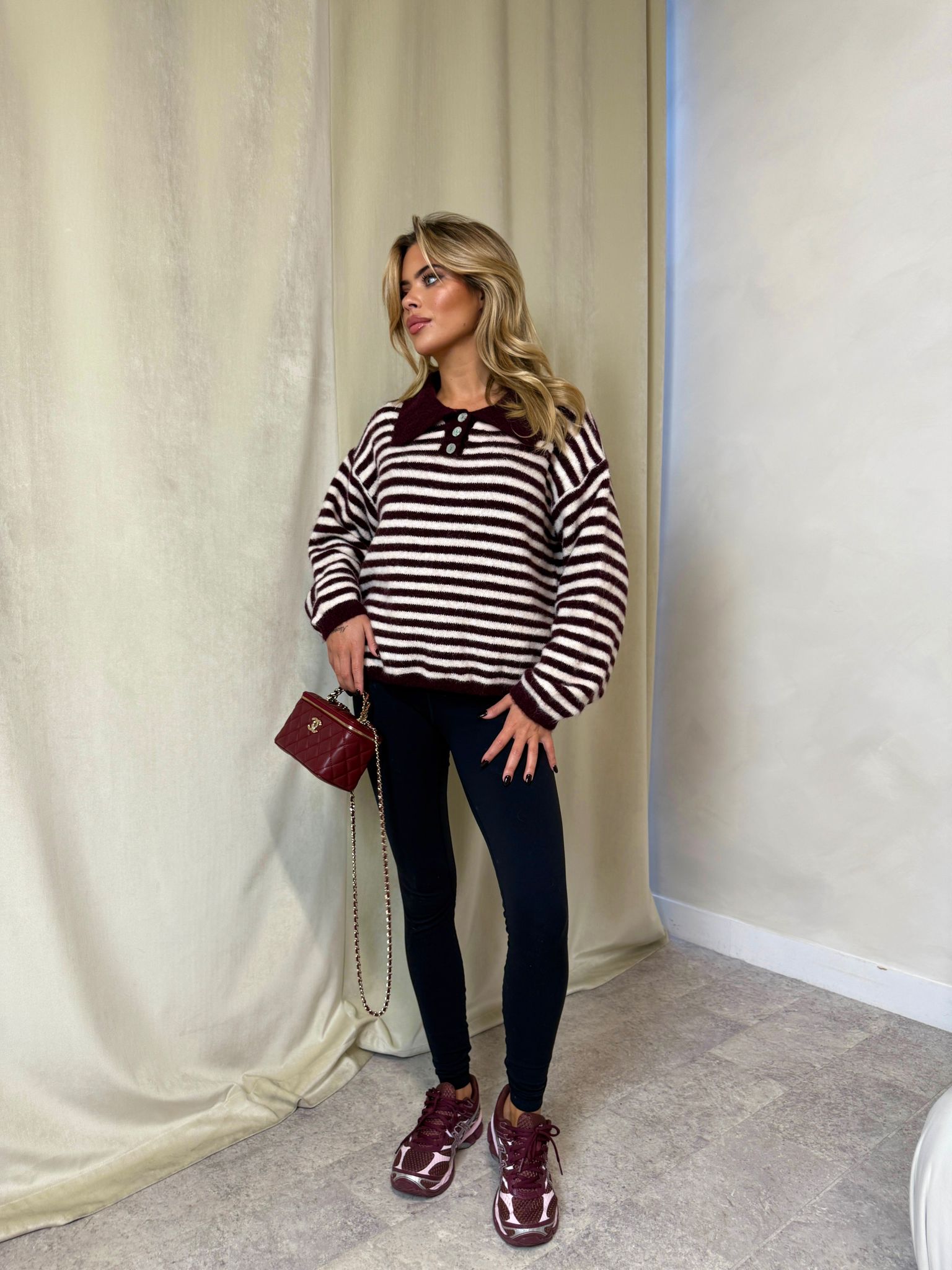 Stripe knit collar top - burgundy