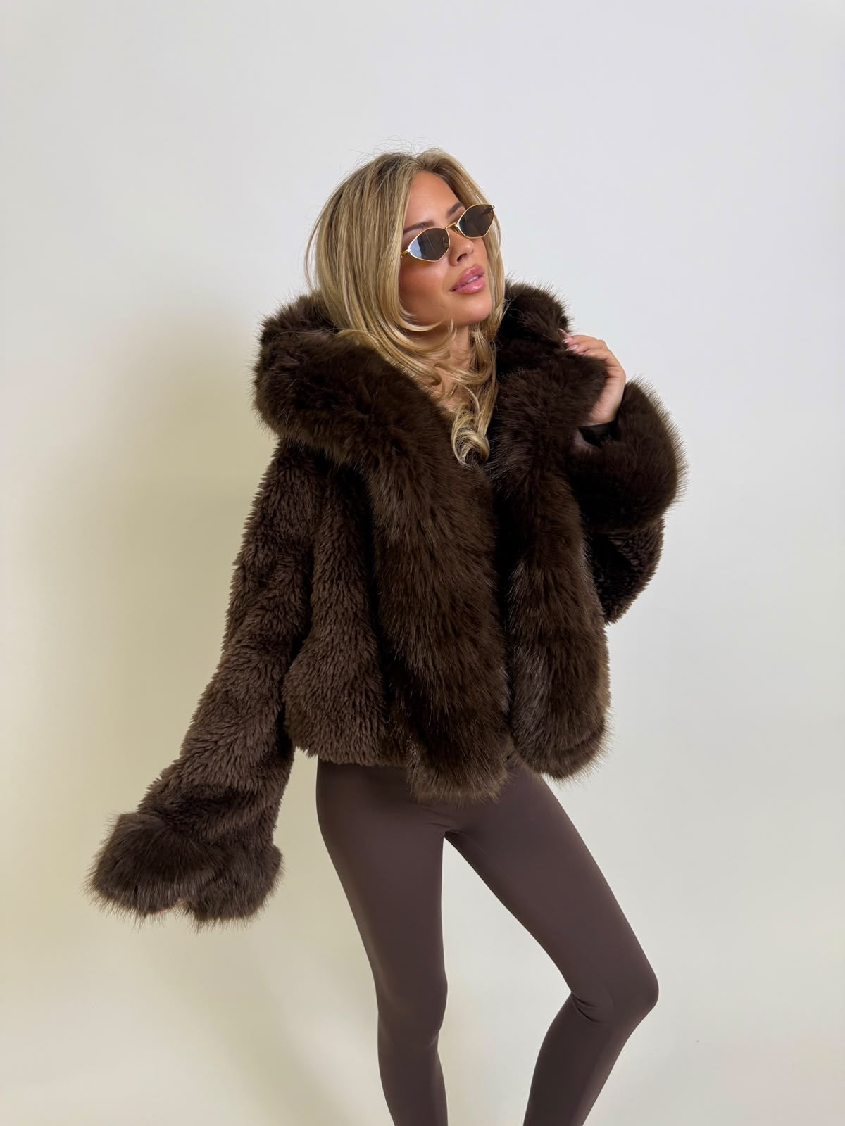 Faux Fur Coat With Hood - brown