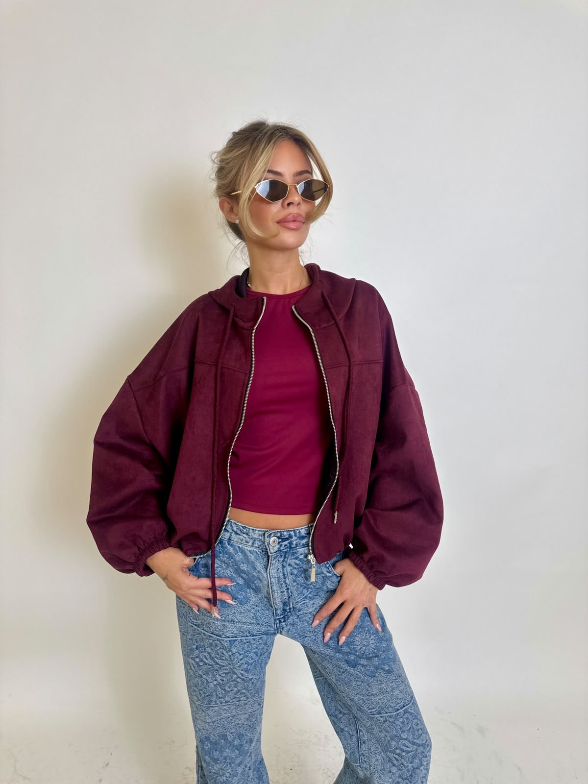 Suede hood bomber jacket - wine