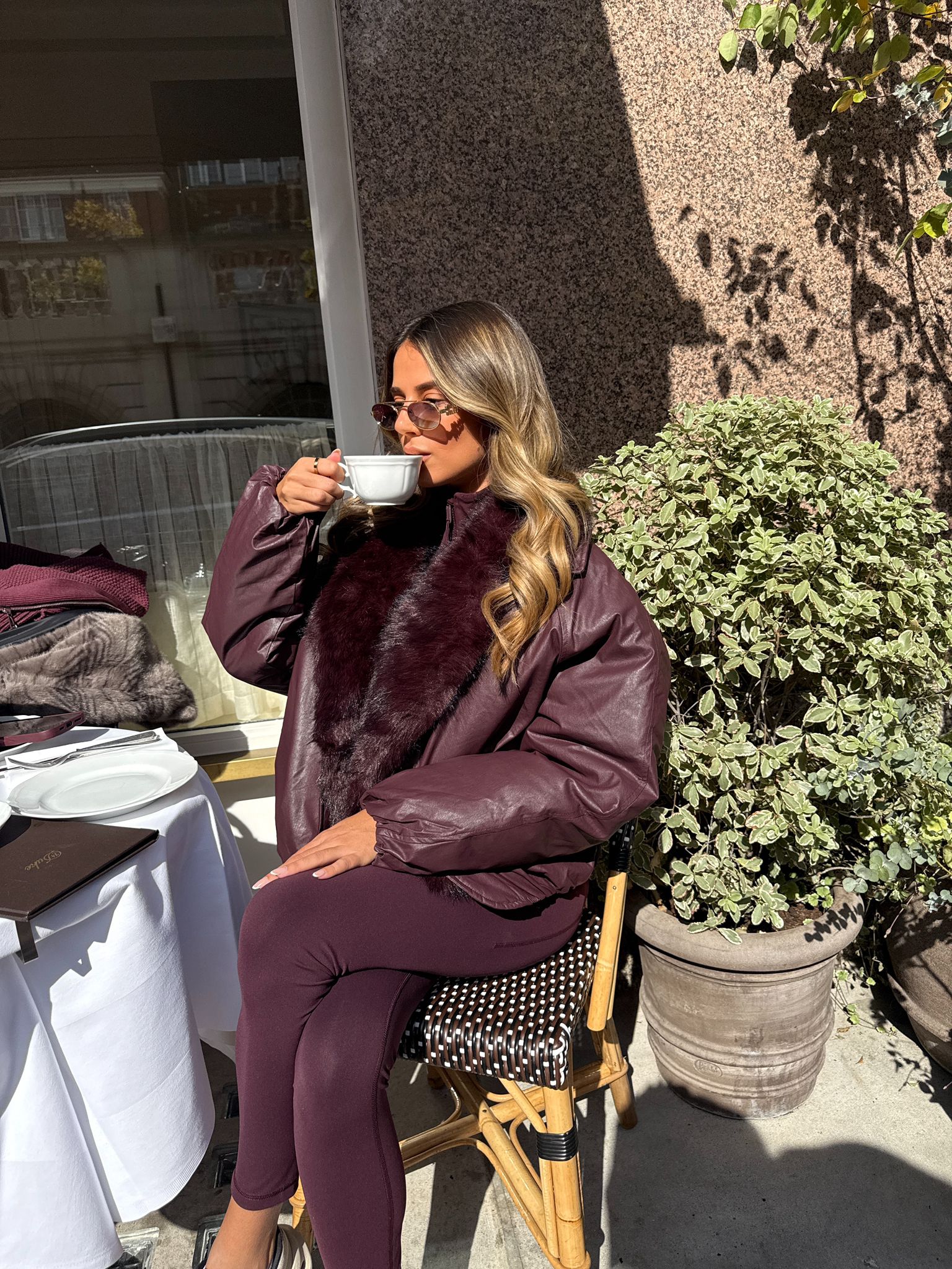 Faux fur leather coat - burgundy