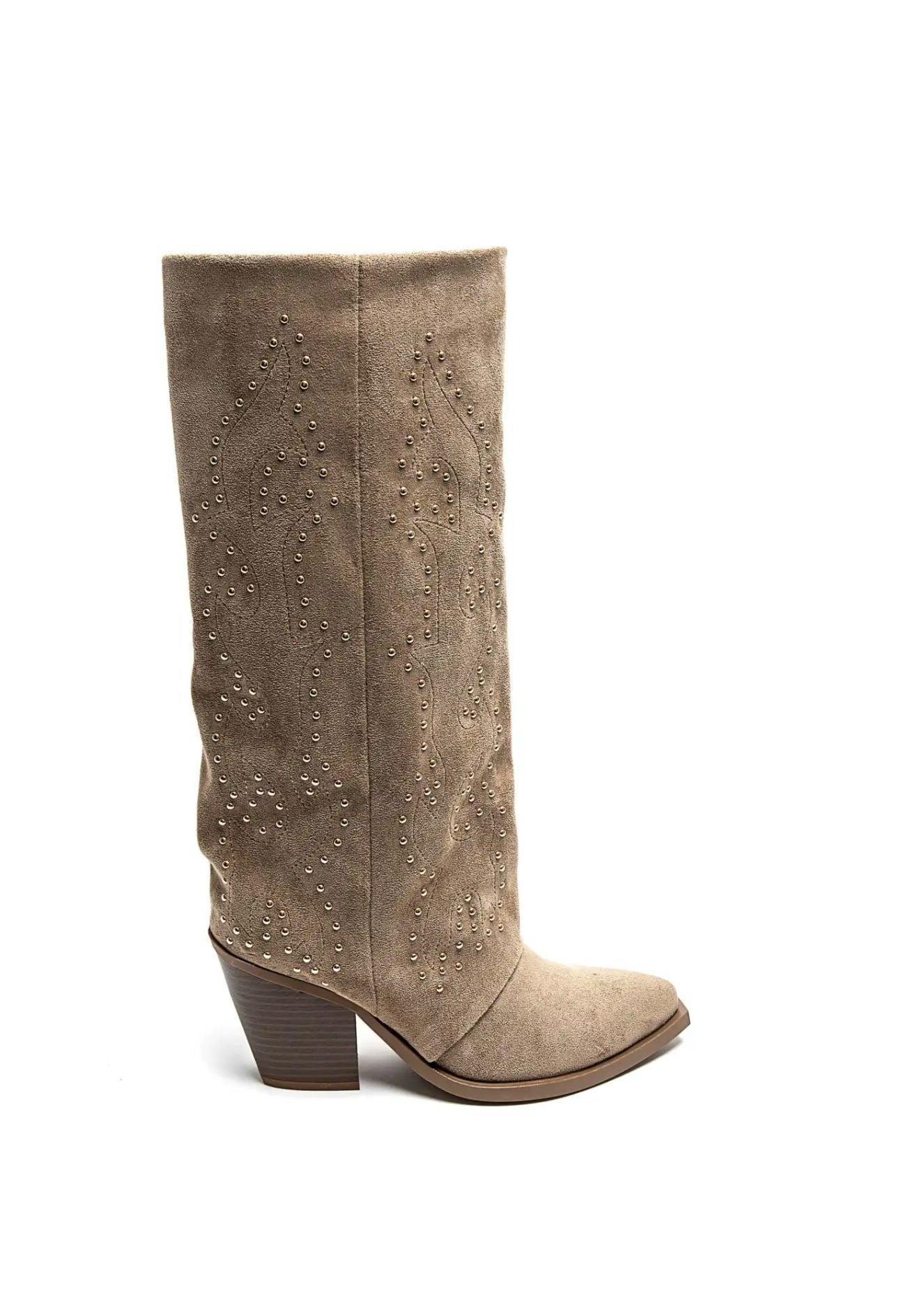 Fold Stud Western Boots - Taupe