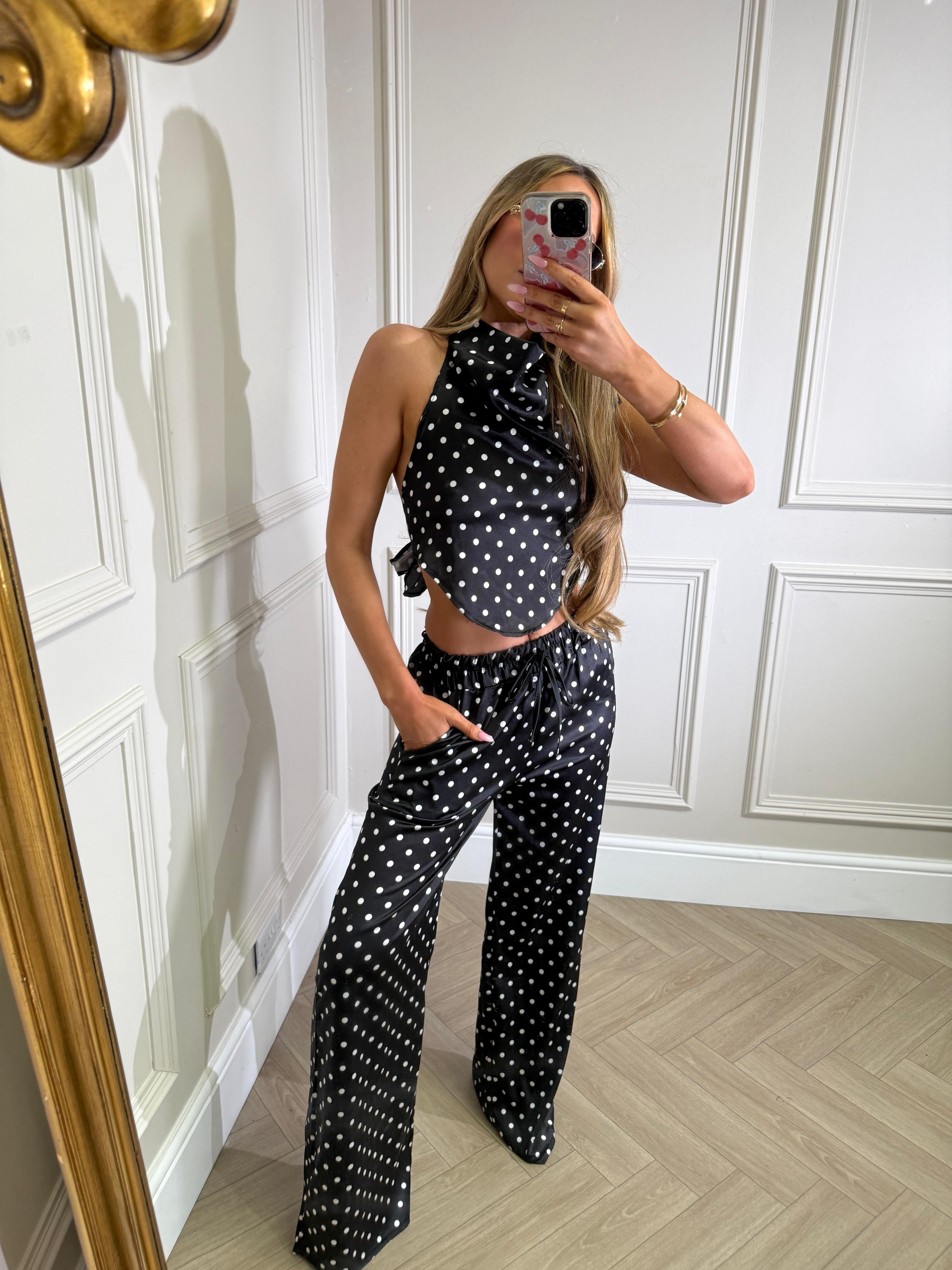 Halterneck dot trouser set - black