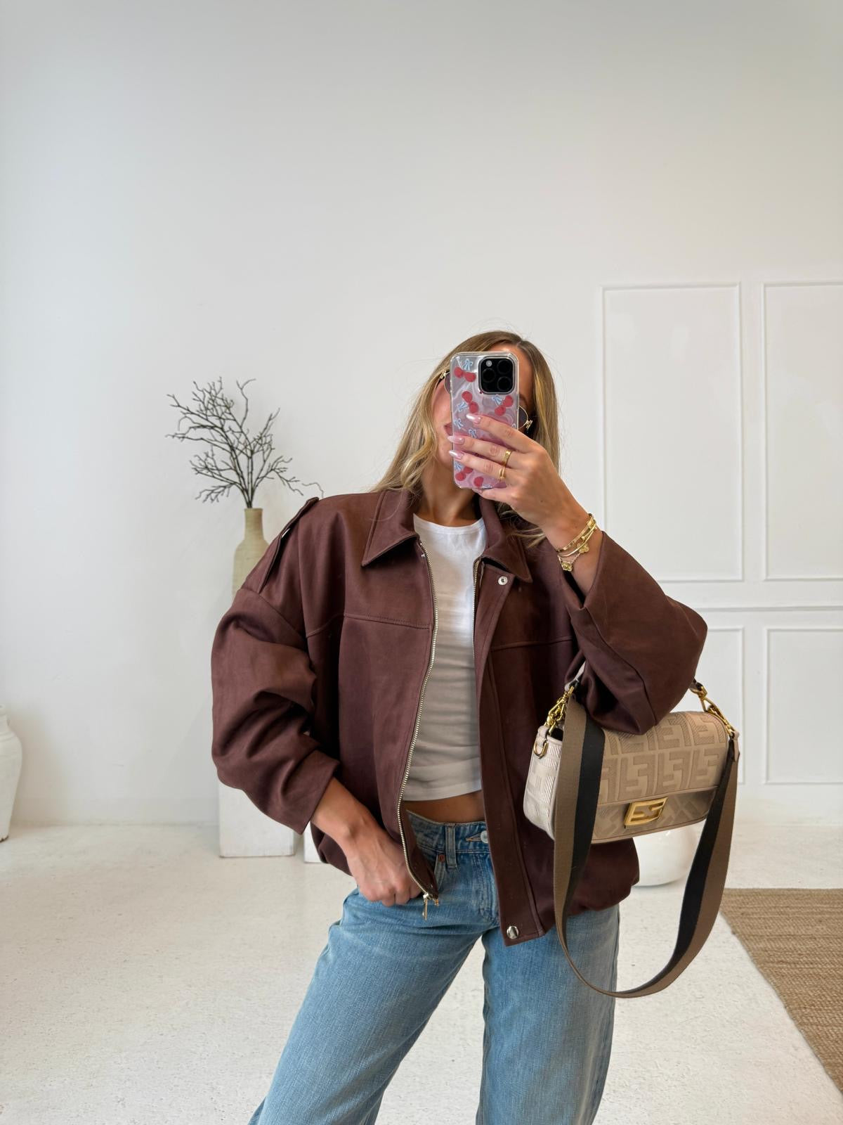 Suede zip jacket - brown