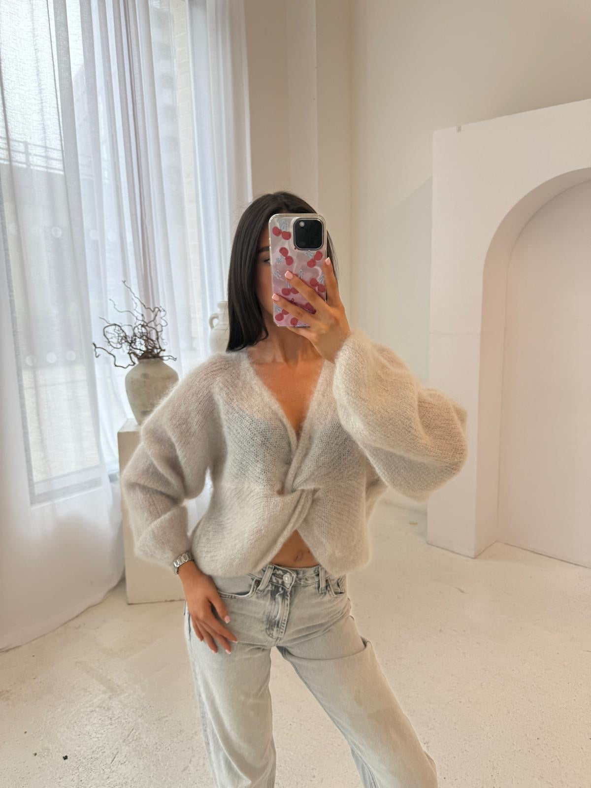Knit tie over jumper - cream