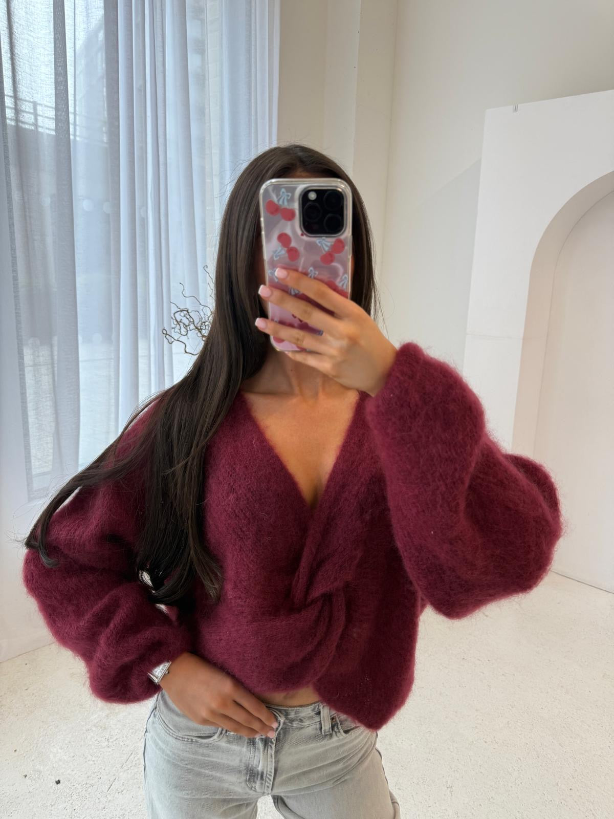 Knit tie over jumper - wine