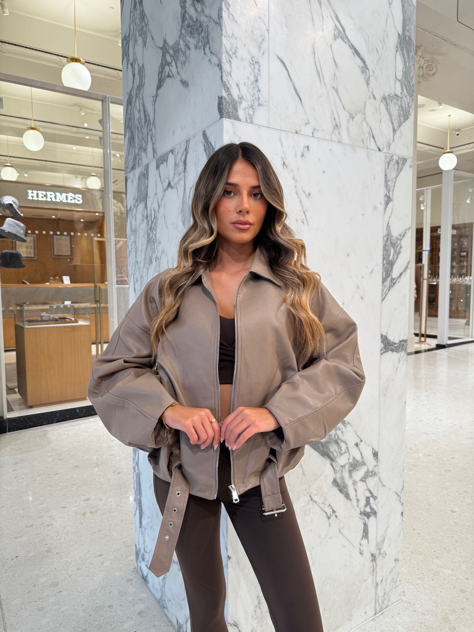 Faux leather belt jacket - mocha