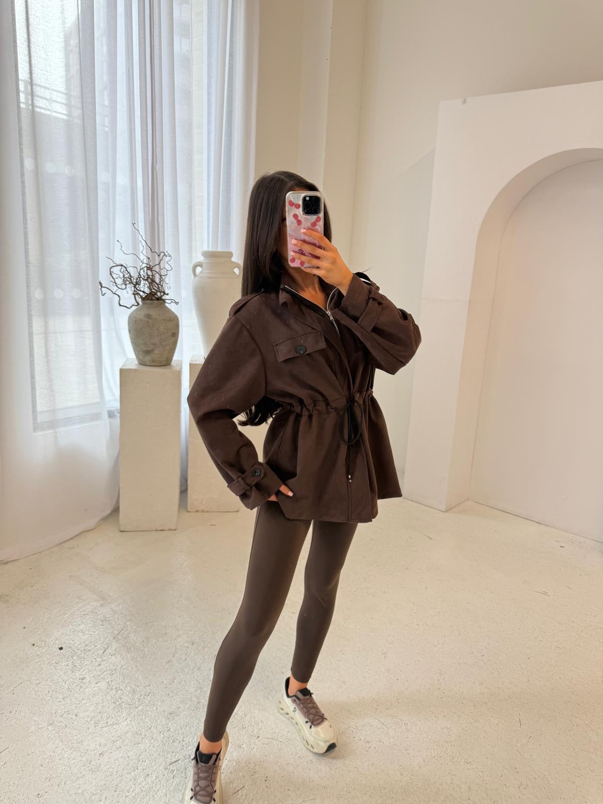 Suede pull in jacket - brown
