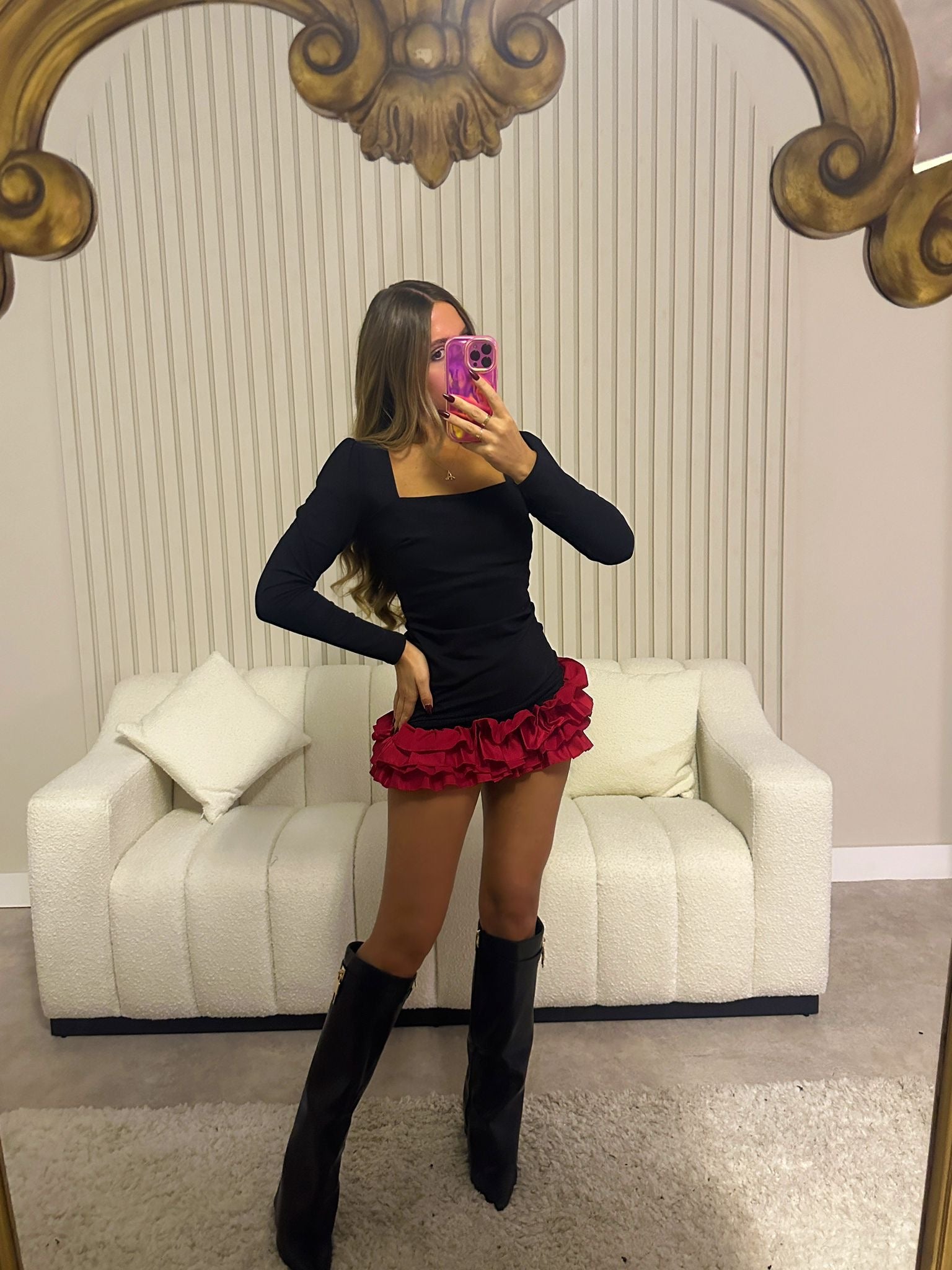 Frill Hem Dress - Red