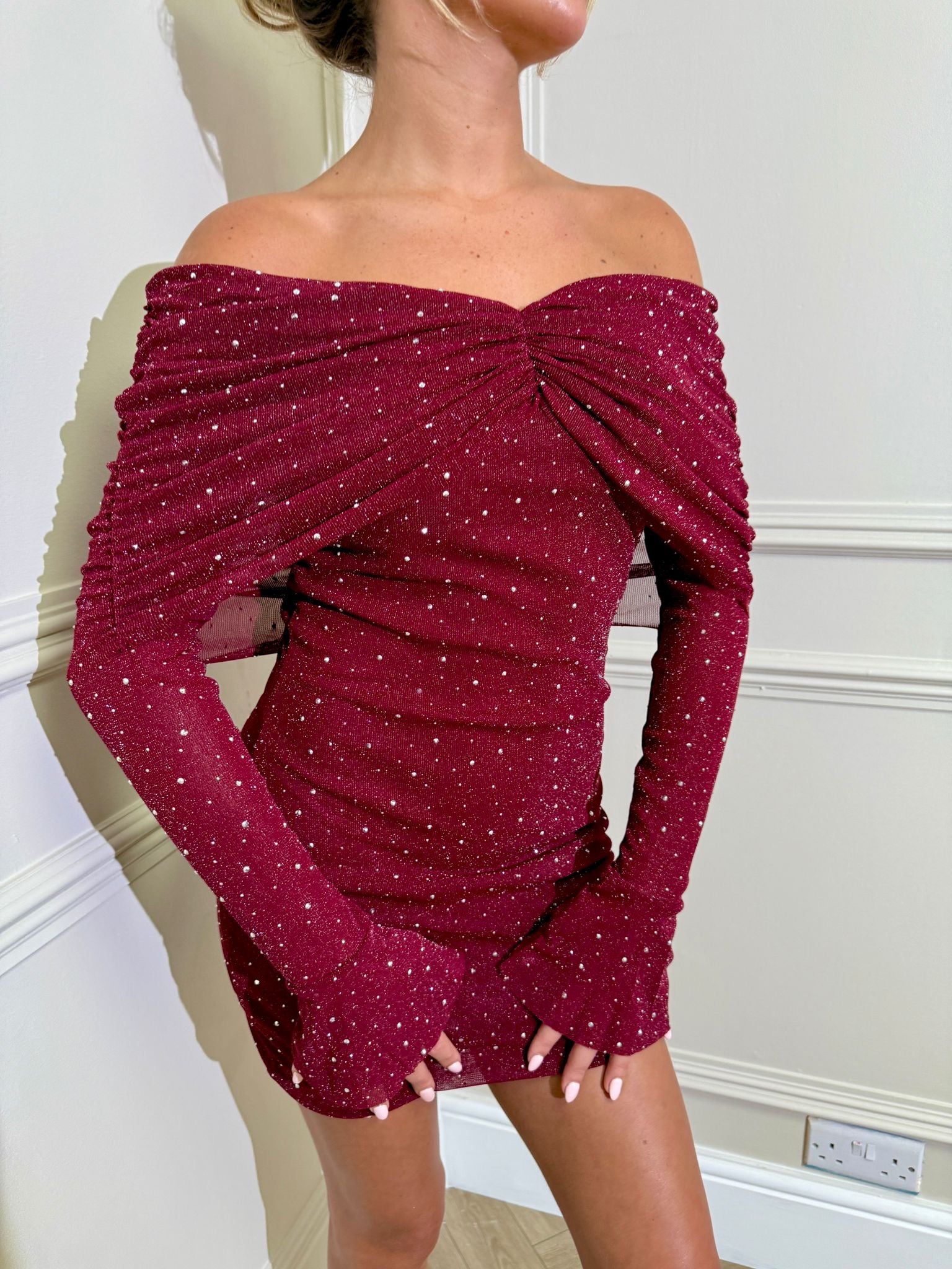 Off shoulder sparkle dress - Wine