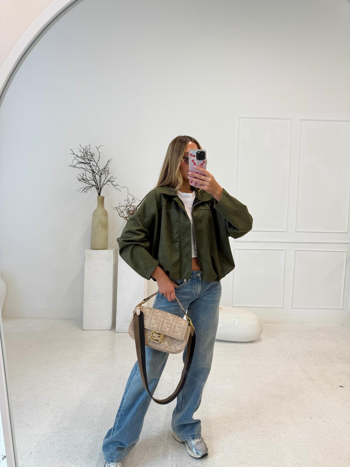 Suede zip jacket - khaki