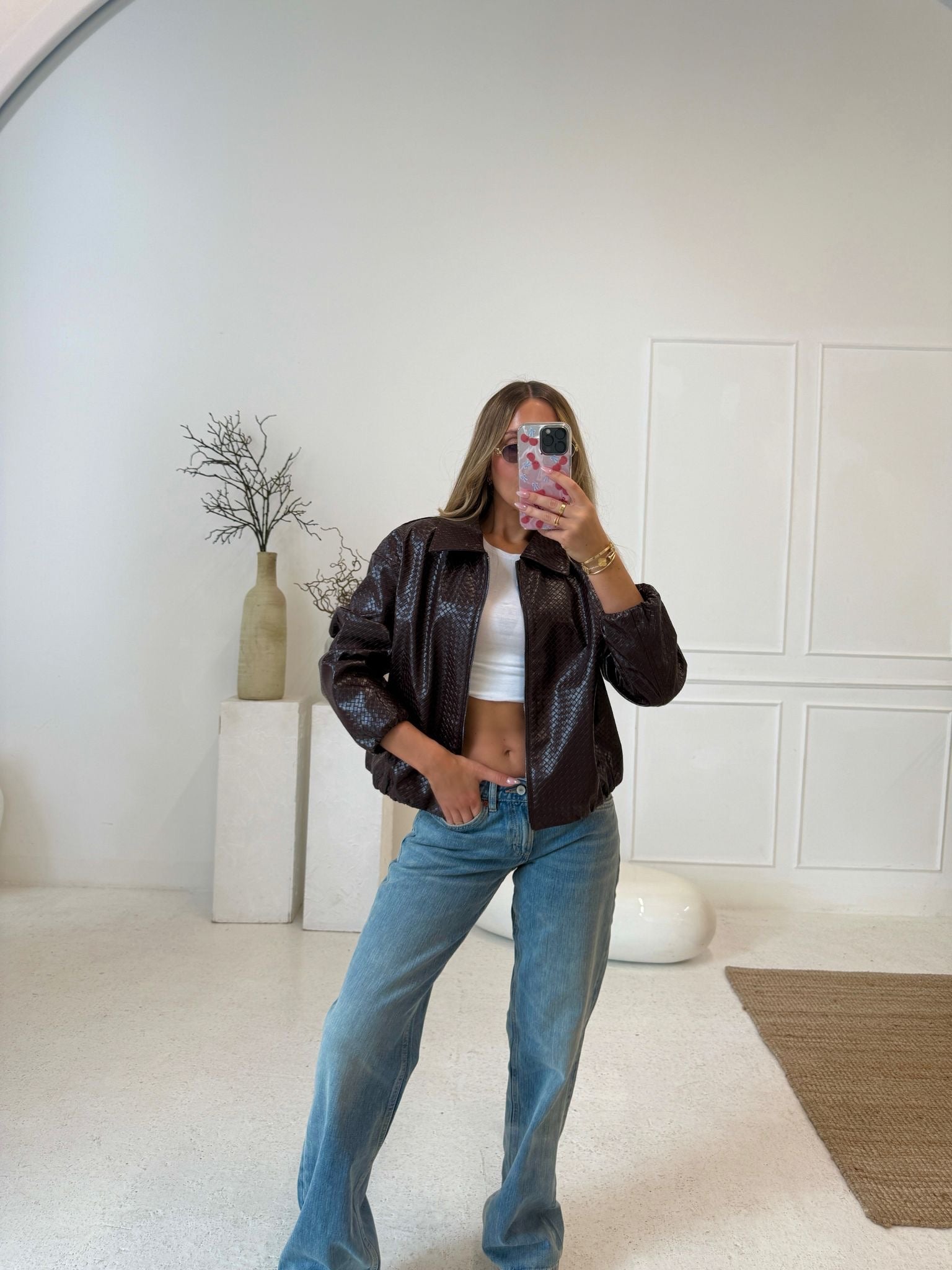 Faux leather texture collar jacket