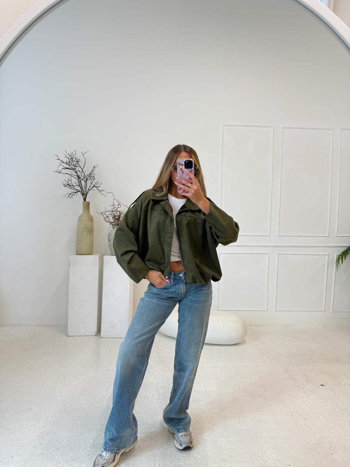 Suede zip jacket - khaki