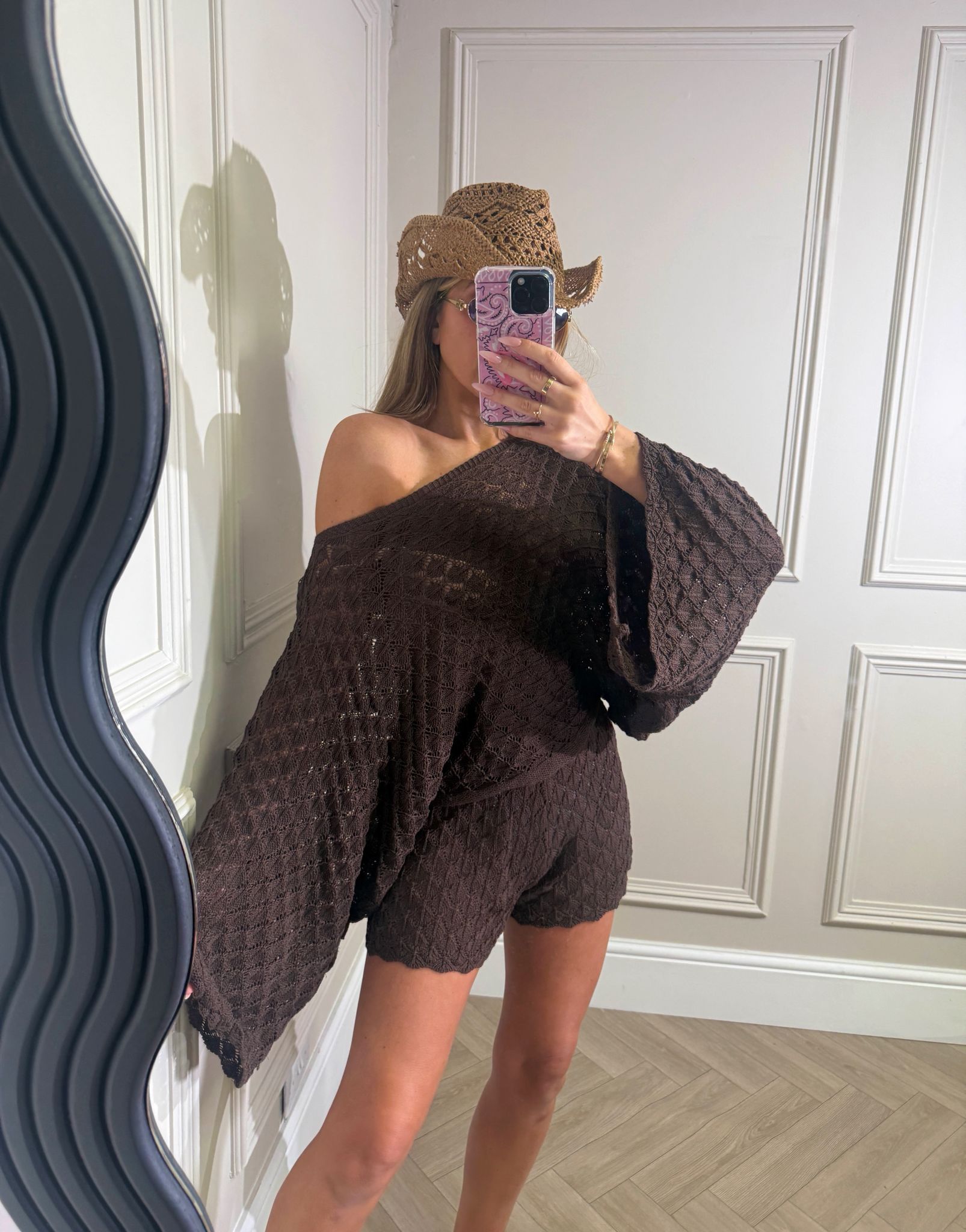 Off shoulder crochet co-ord - brown
