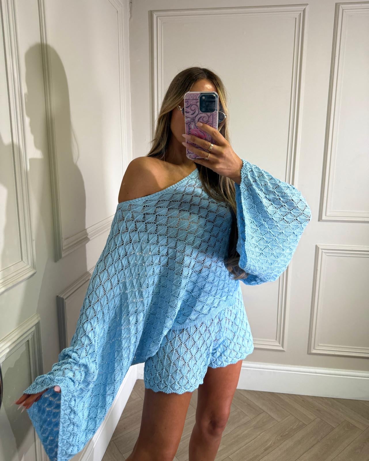Off shoulder crochet co-ord - blue