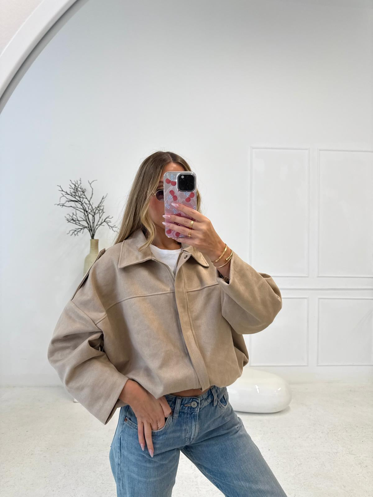 Suede zip jacket - taupe