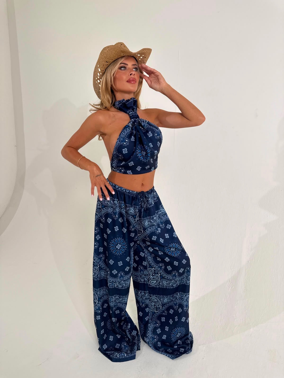 Bandana halter neck trouser set - navy