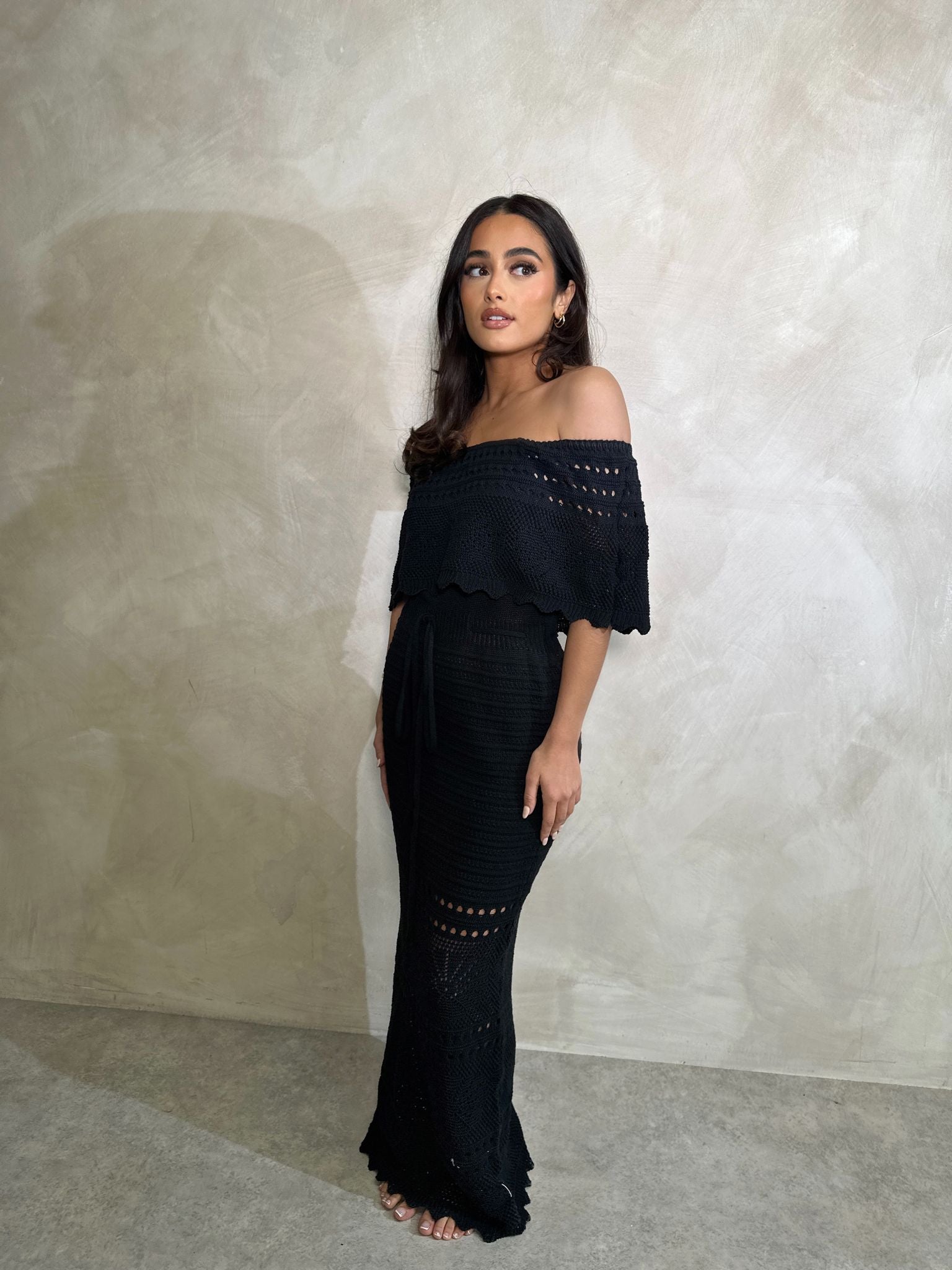 Off shoulder crochet maxi dress - black