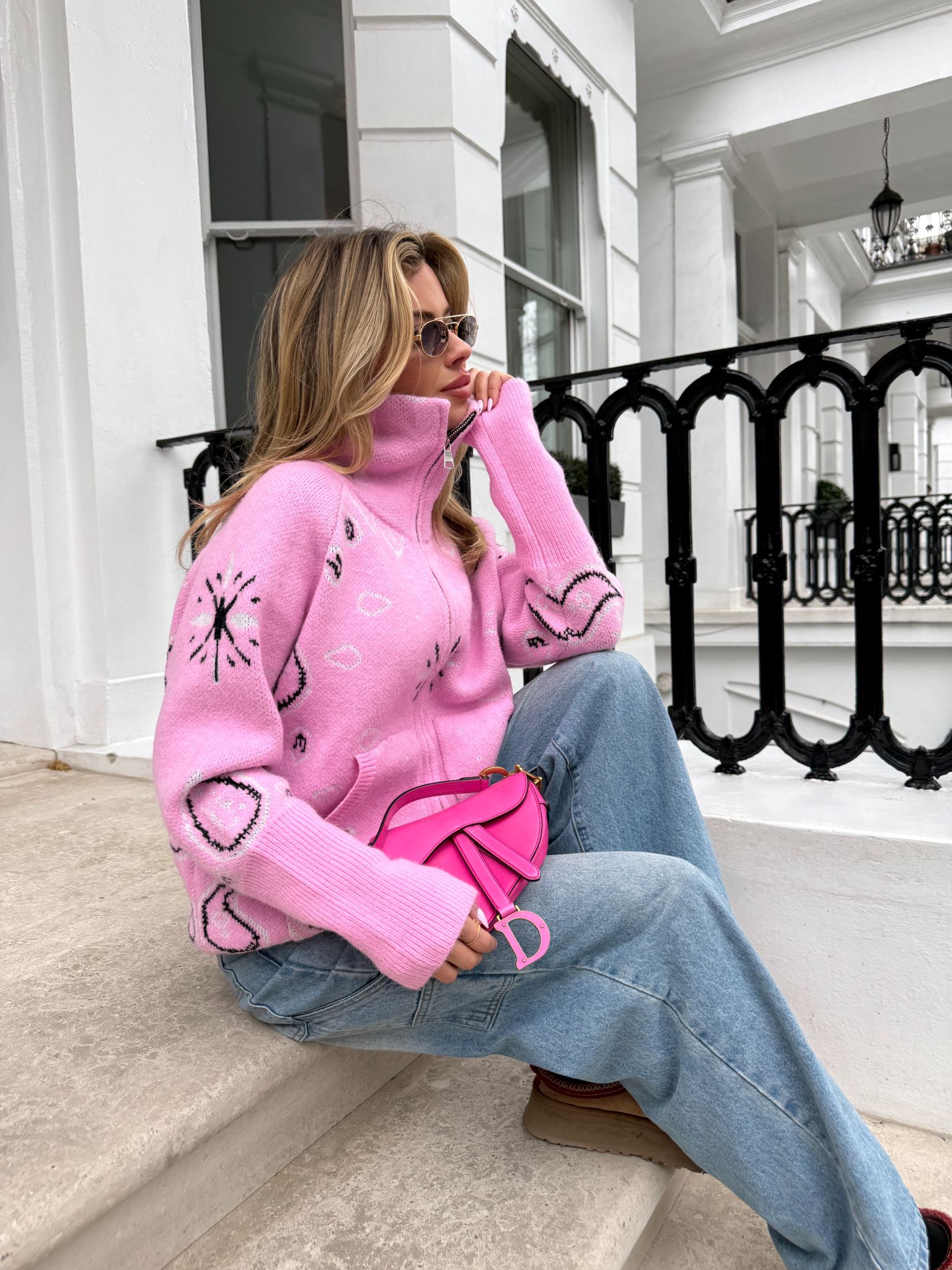 Bandana knit cardigan - pink