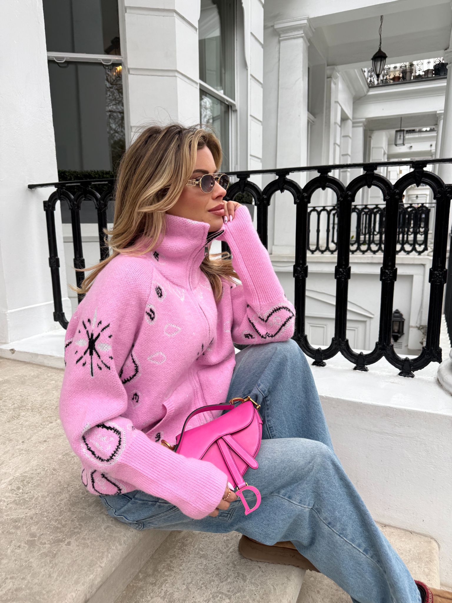 Bandana knit cardigan - pink