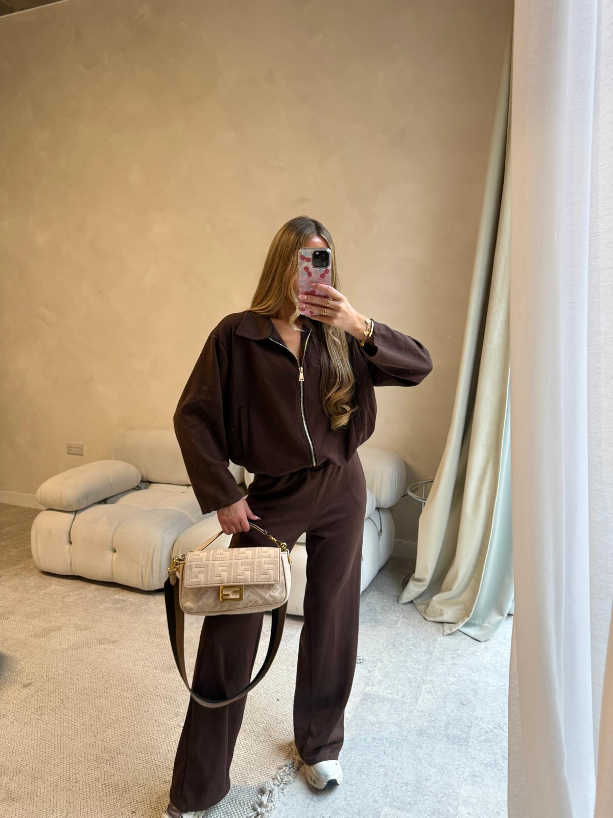 Collar zip lounge set - chocolate