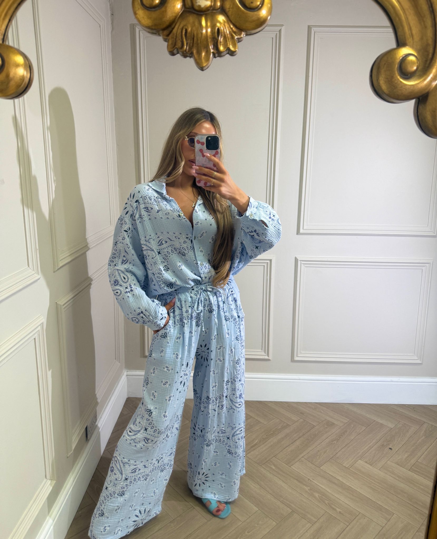 Bandana linen trouser set - blue