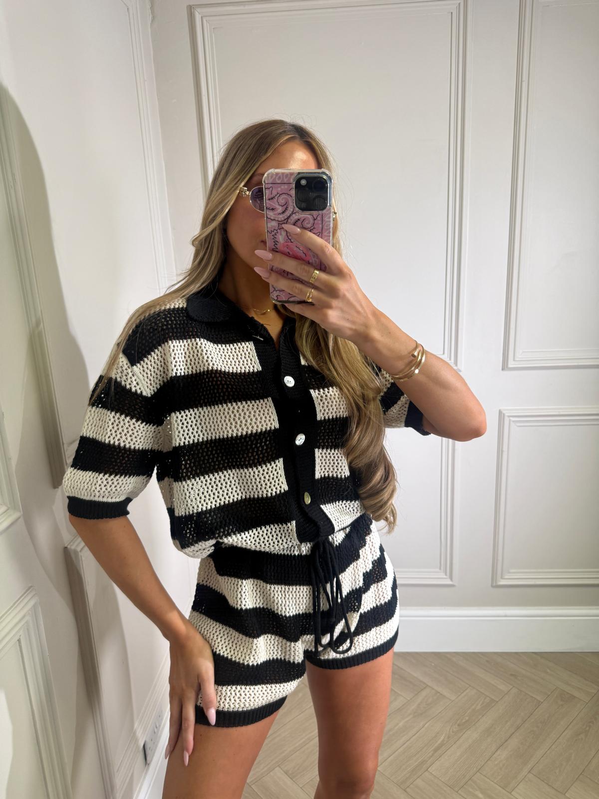 Stripe crochet short set - black