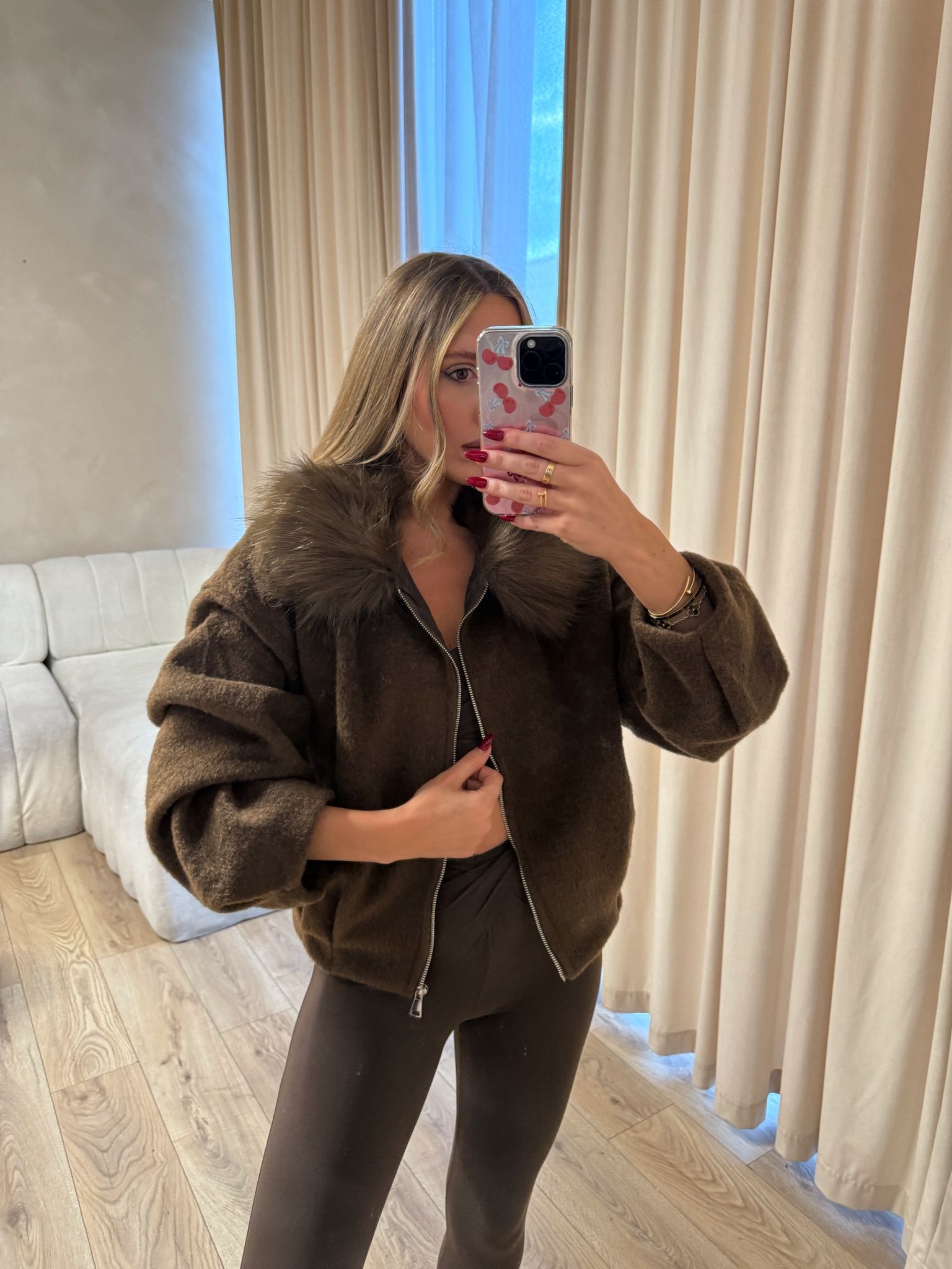 FIFI fur collar jacket - brown