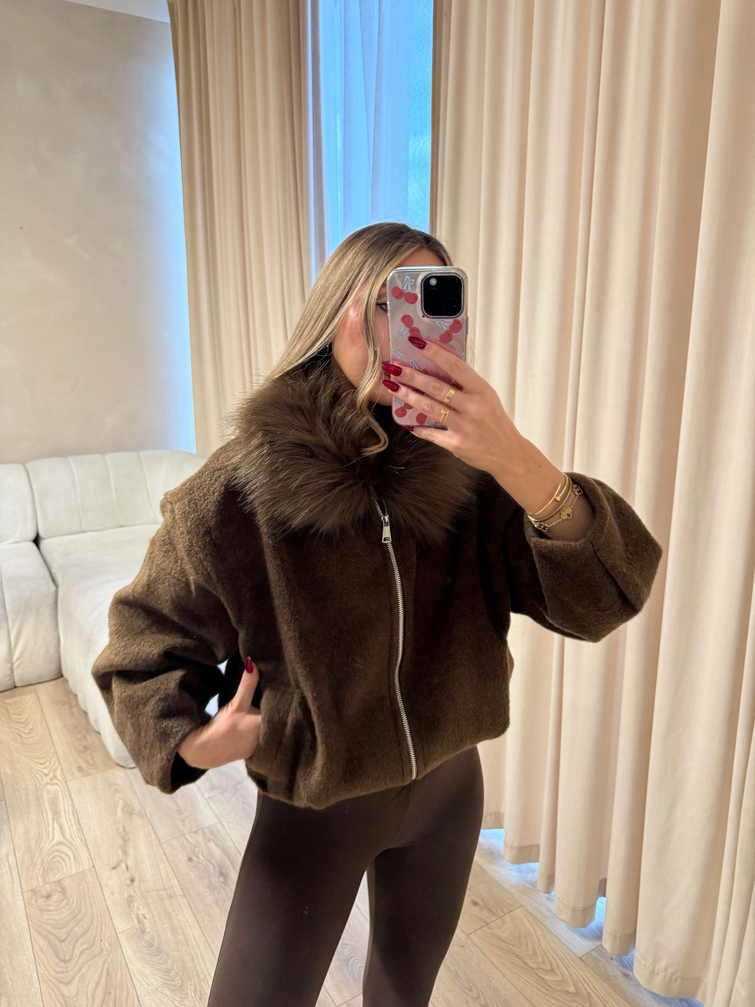 FIFI fur collar jacket - brown