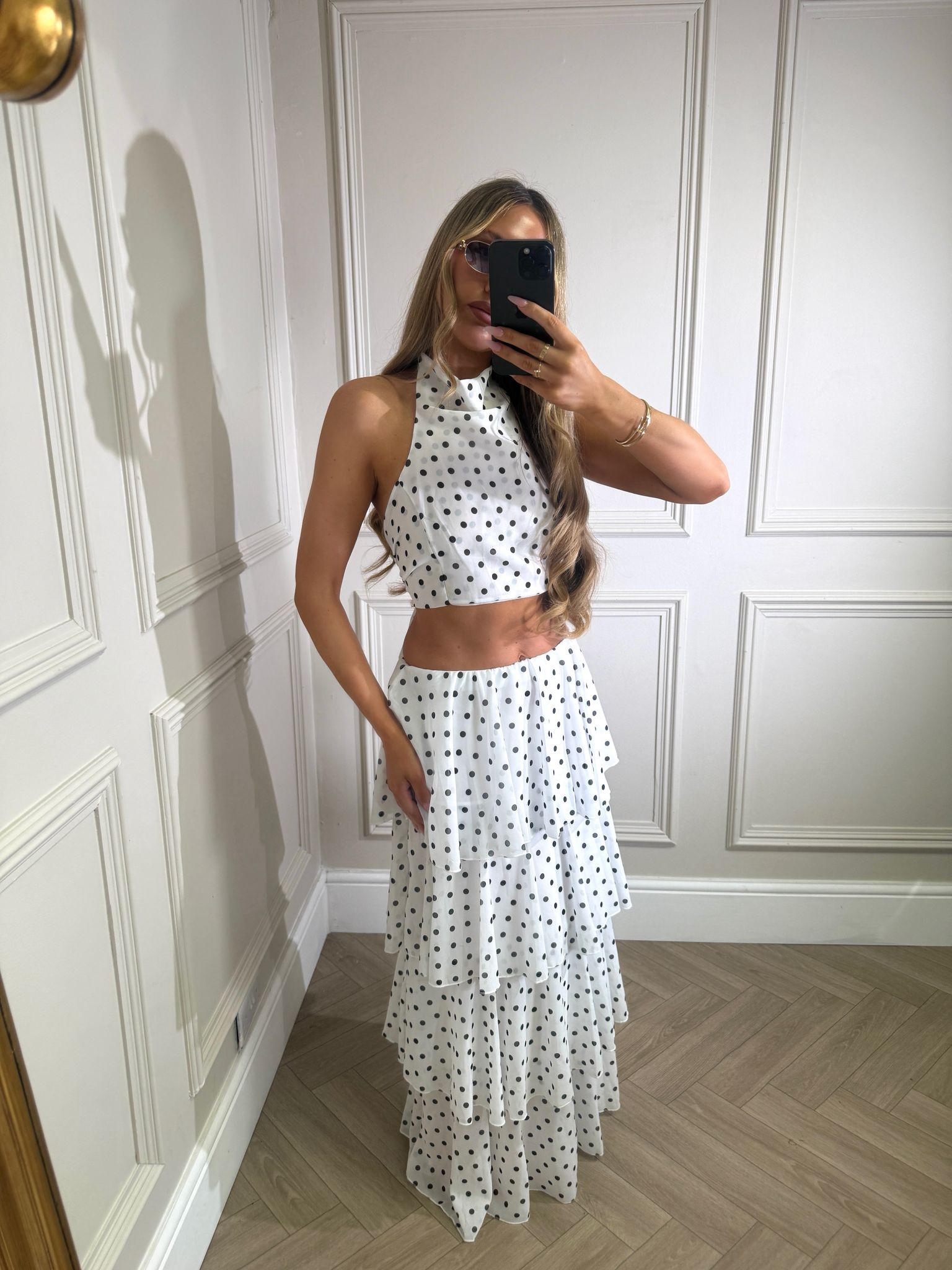 Maxi ruffle dot skirt set - white