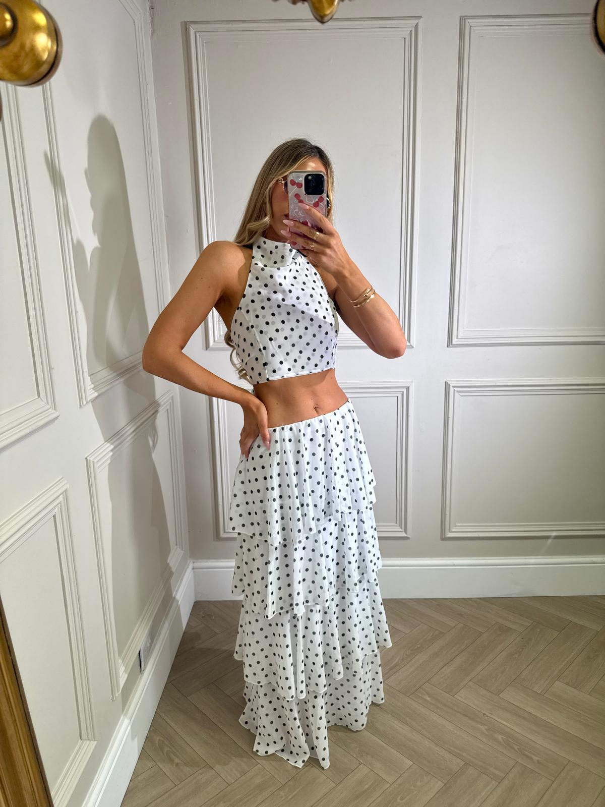 Maxi ruffle dot skirt set - white
